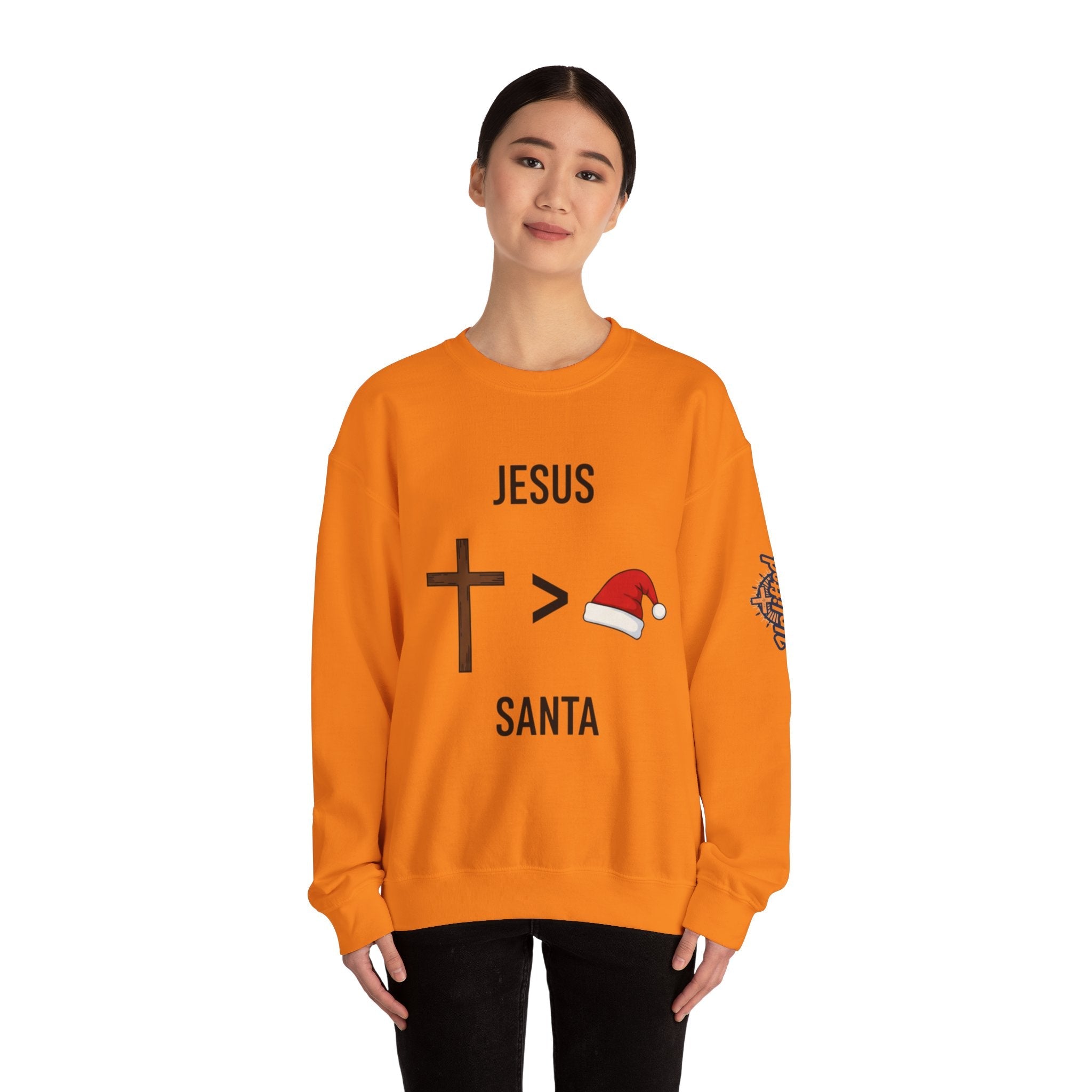 🎄 Jesus > Santa – Minimalist Christian Christmas Sweatshirt | Bold Faith Over Holiday Tee | Cross vs Santa Hat Design | Uplifted Gear Printify