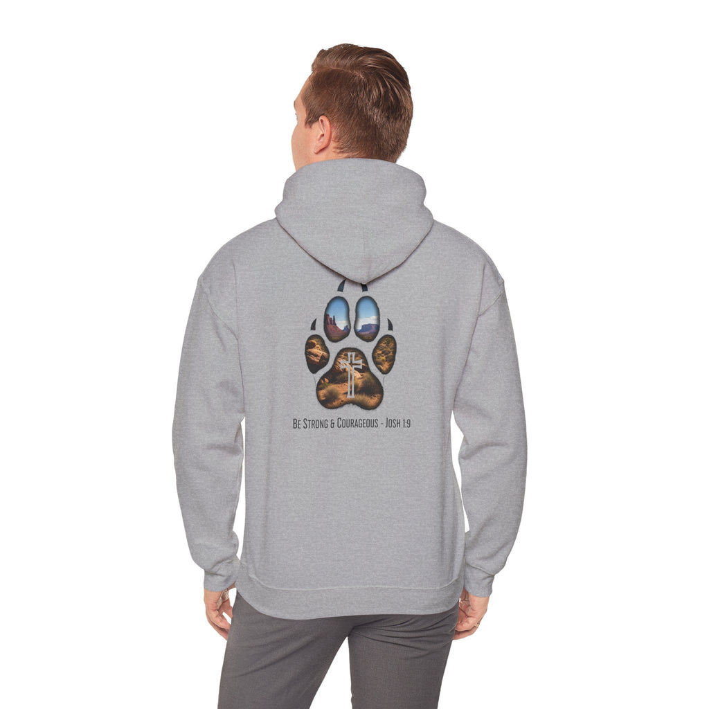 Strong and Courageous Hoodie – Joshua 1:9 Canine Pawprint Desert Christian Hoodie for Dog Lovers Printify