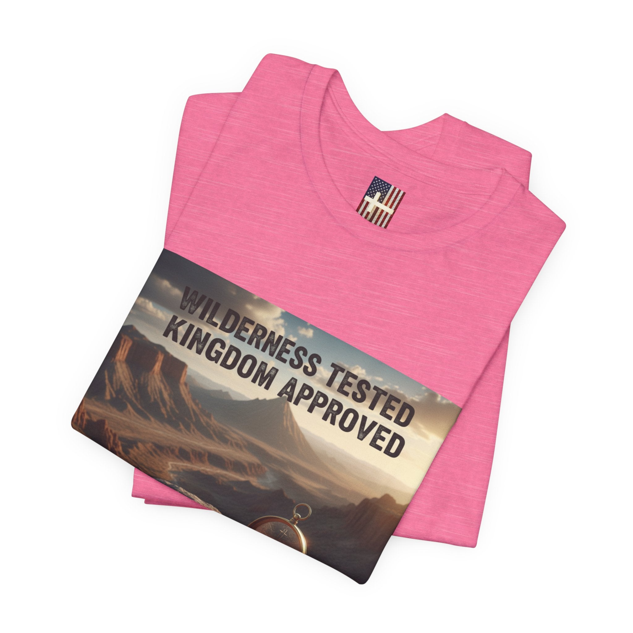 Wilderness Tested Kingdom Approved T-shirt – Mountain Desert Compass Crown Christian T-shirt for Biblical Adventure Faith Printify
