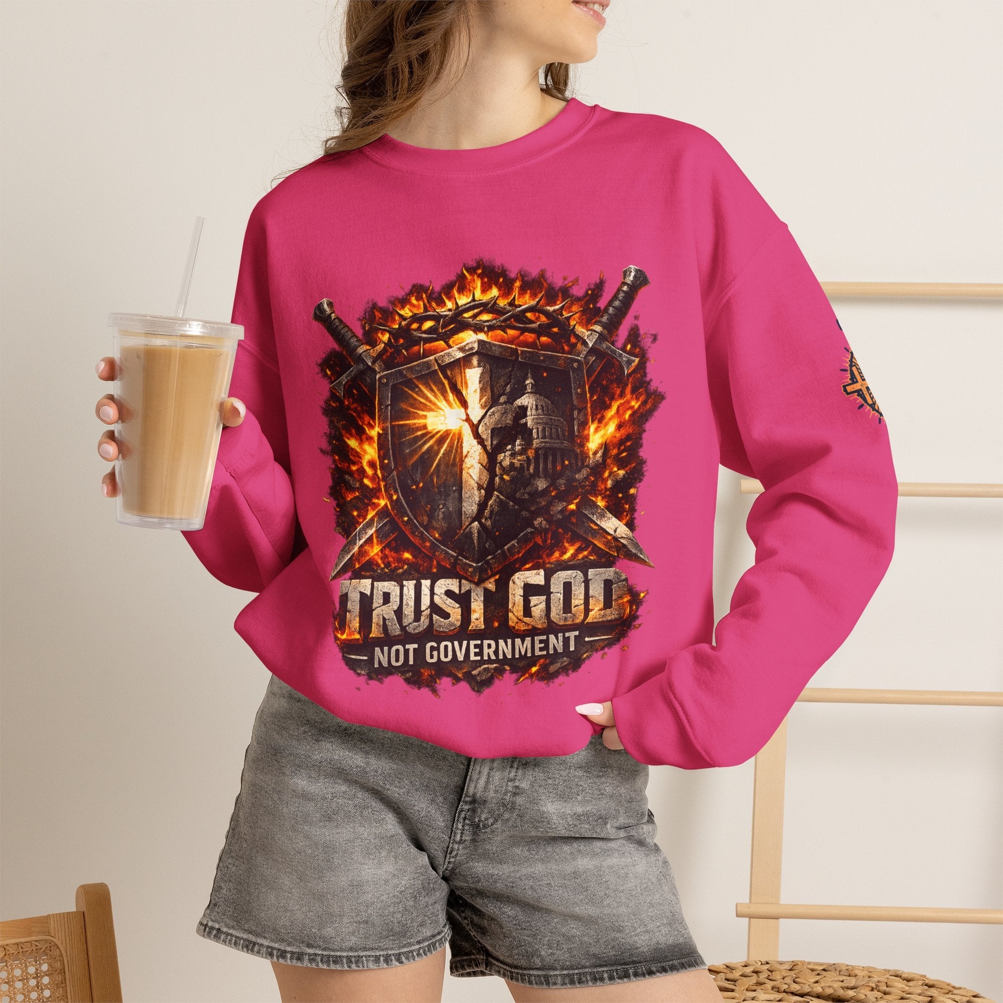 Trust God Not Government Shield Sweatshirt — Patriotic Christian Faith Sweatshirt Printify