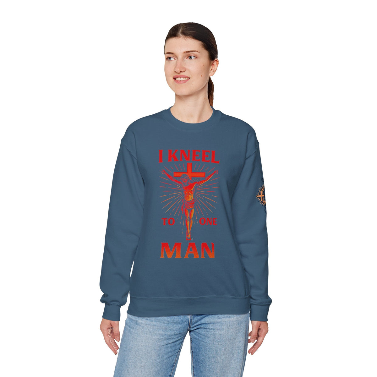 I Kneel to One Man Sweatshirt – Crucifixion Christian Sweatshirt for Unashamed Devotion & Bold Faith Printify