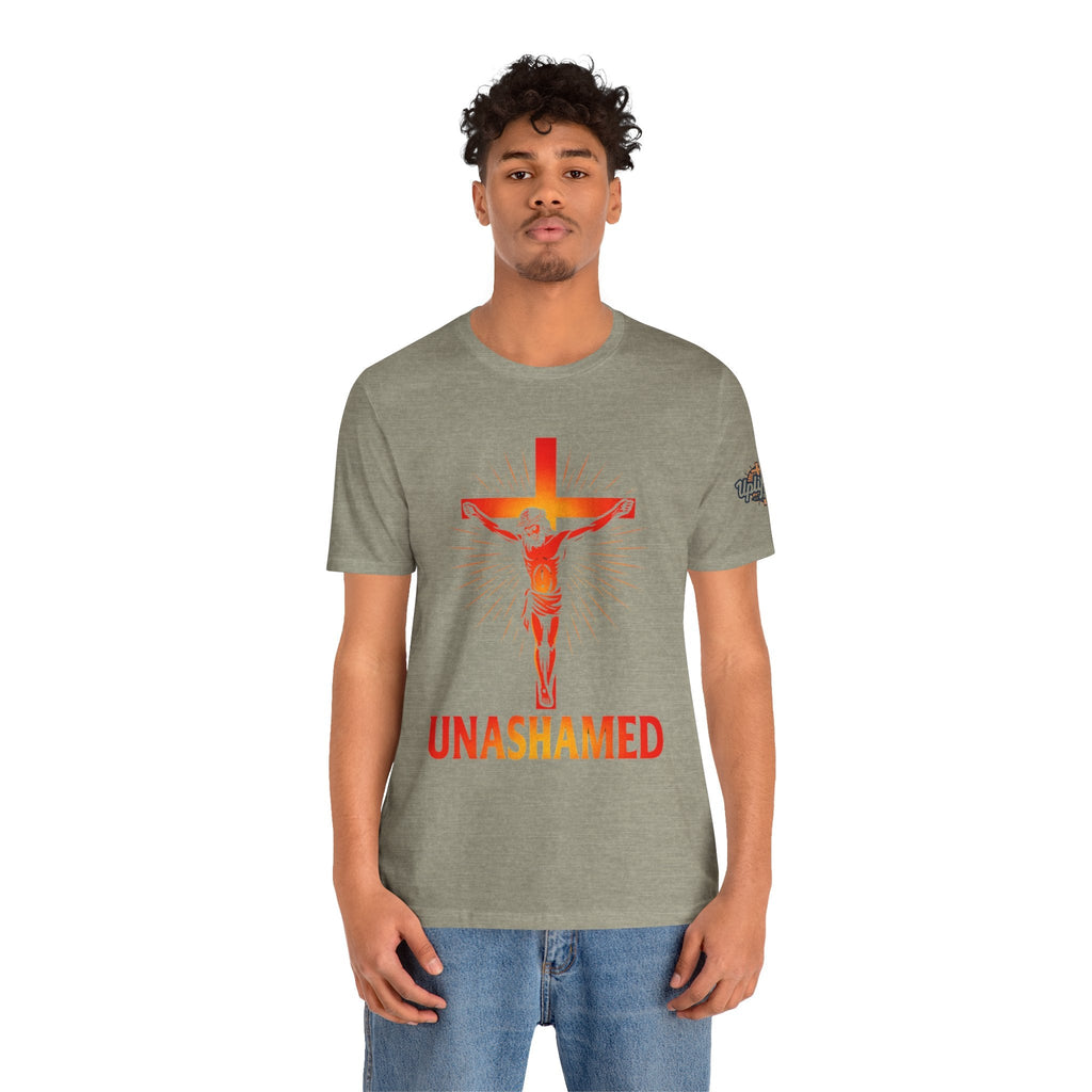 Unashamed T-shirt – Romans 1:16 Crucifixion Christian t-shirt for Bold Unwavering Faith Printify