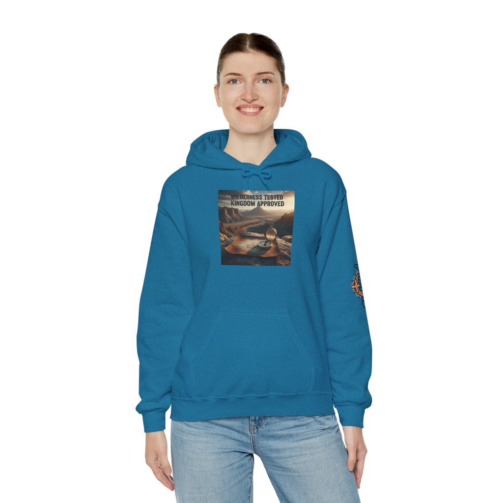 Wilderness Tested Kingdom Approved Hoodie – Mountain Desert Compass Crown Christian Sweatshirt for Biblical Adventure Faith Printify