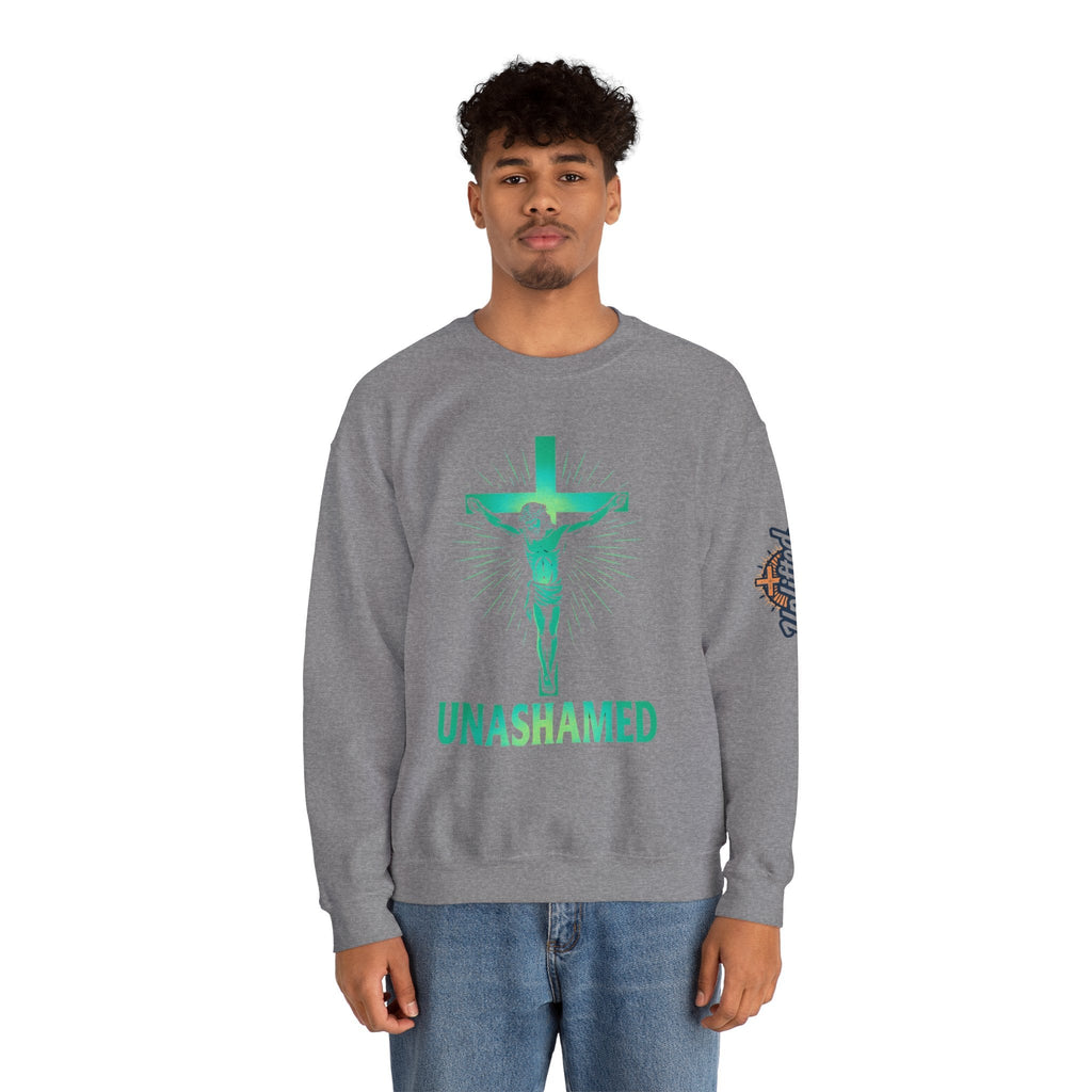 Unashamed Sweatshirt – Romans 1:16 Crucifixion Christian Sweatshirt for Bold Unwavering Faith Printify