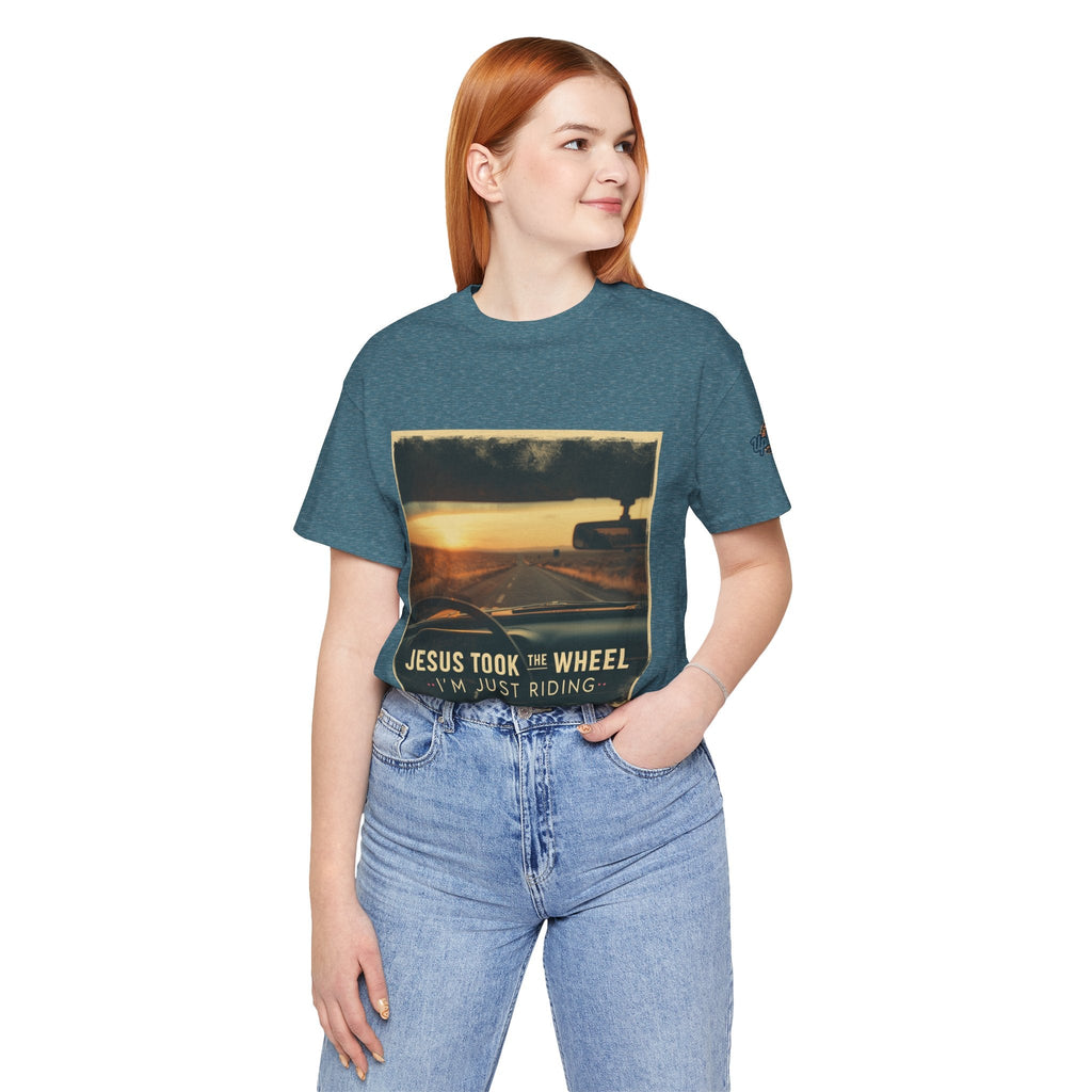 Jesus Took the Wheel I'm Just Riding T-shirt – Funny Christian Convertible Car T-shirt for Surrendered Faith & Humor Printify