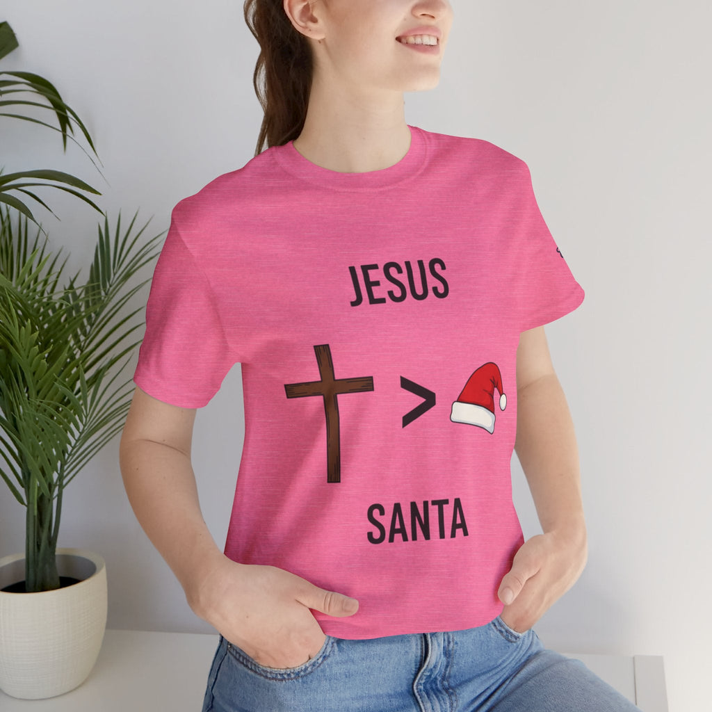 🎄 Jesus > Santa – Minimalist Christian Christmas T-Shirt | Bold Faith Over Holiday Tee | Cross vs Santa Hat Design | Uplifted Gear Printify