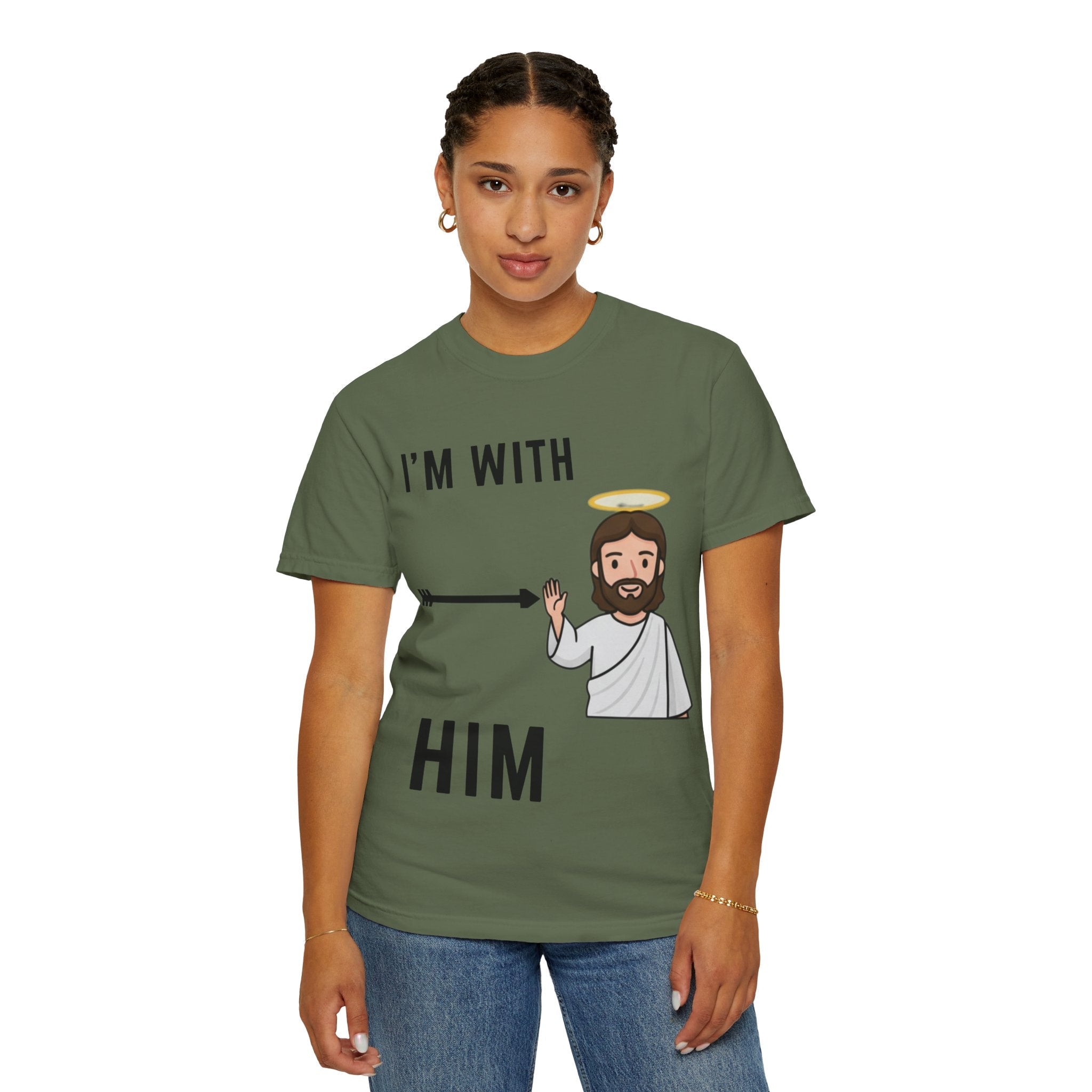 🔥 I’m With Him → Christian T-Shirt | Arrow Pointing to Jesus | Minimalist Faith Tee | Subtle Cross Design | Bible-Inspired Apparel by Uplifted Gear Printify