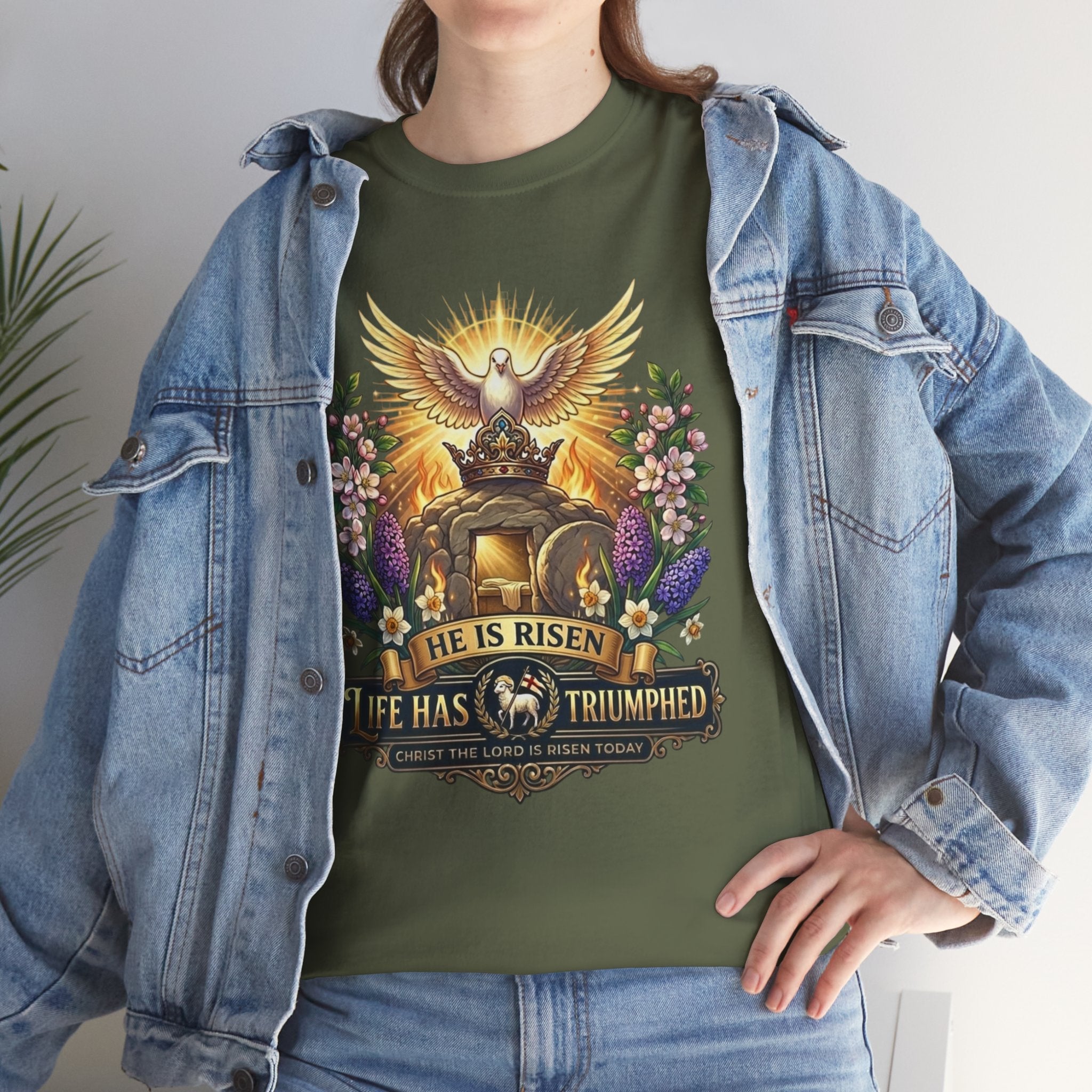 He Is Risen "Life Has Triumphed" T-Shirt — Easter Resurrection Christian Tee Printify