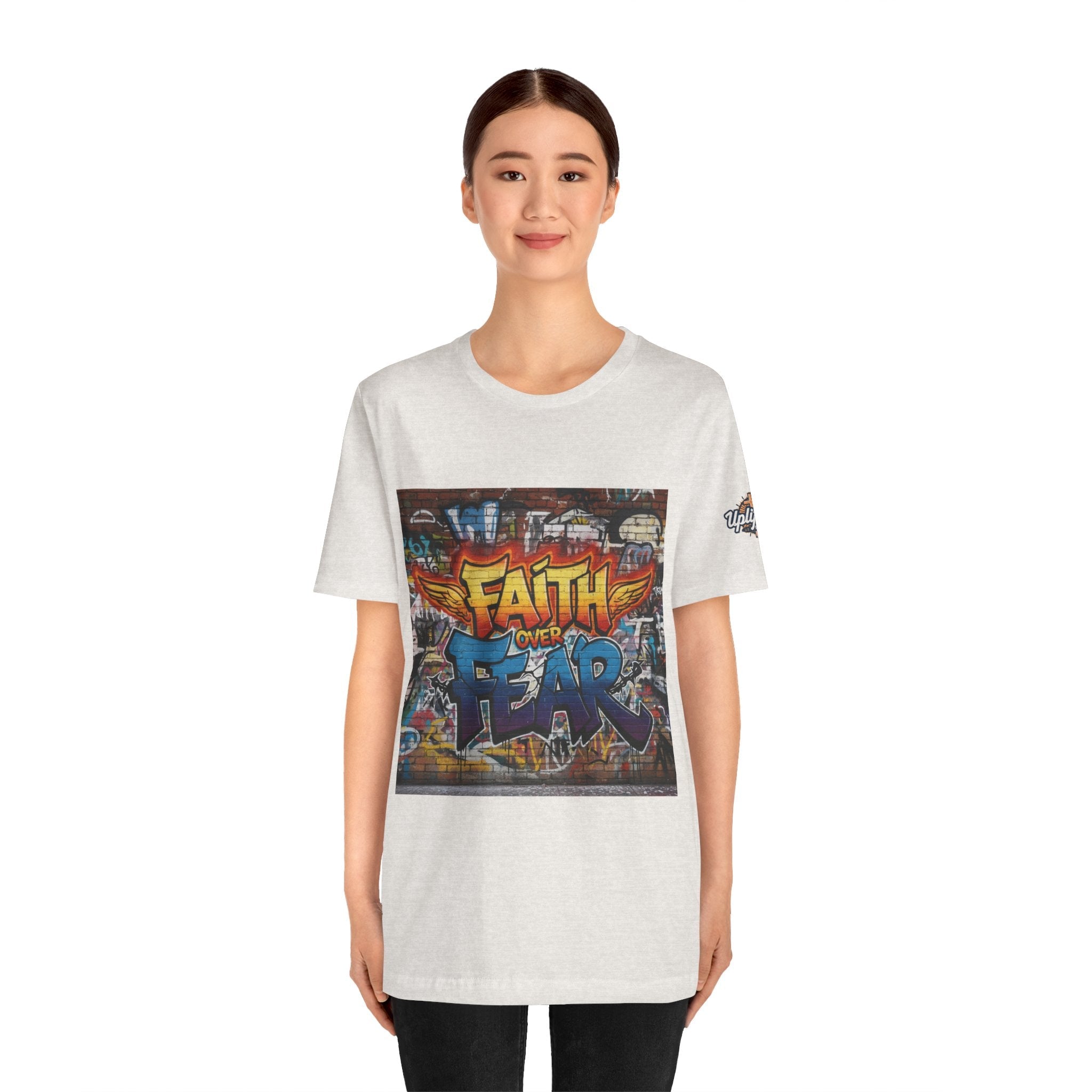 Faith Over Fear T-shirt – Graffiti Wall Christian T-shirt for Bold 2 Corinthians 5:7 Streetwear & Unshakable Faith Printify