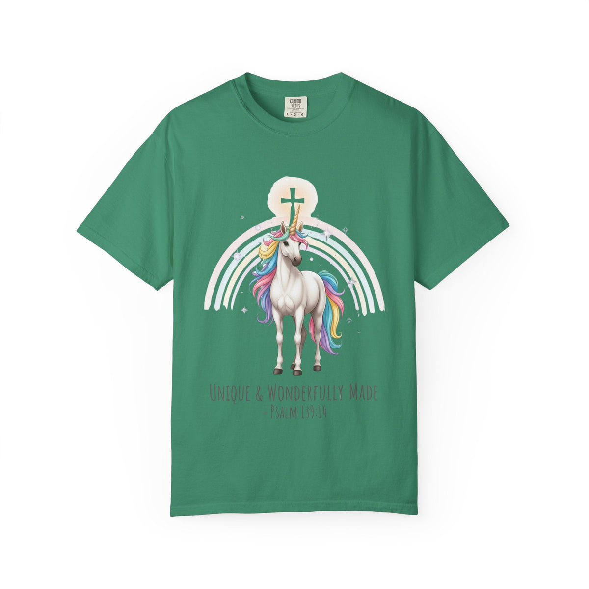 Unique Unicorn Christian T-Shirt – Wonderfully Made with Rainbow Cross & Psalm 139:14 Printify