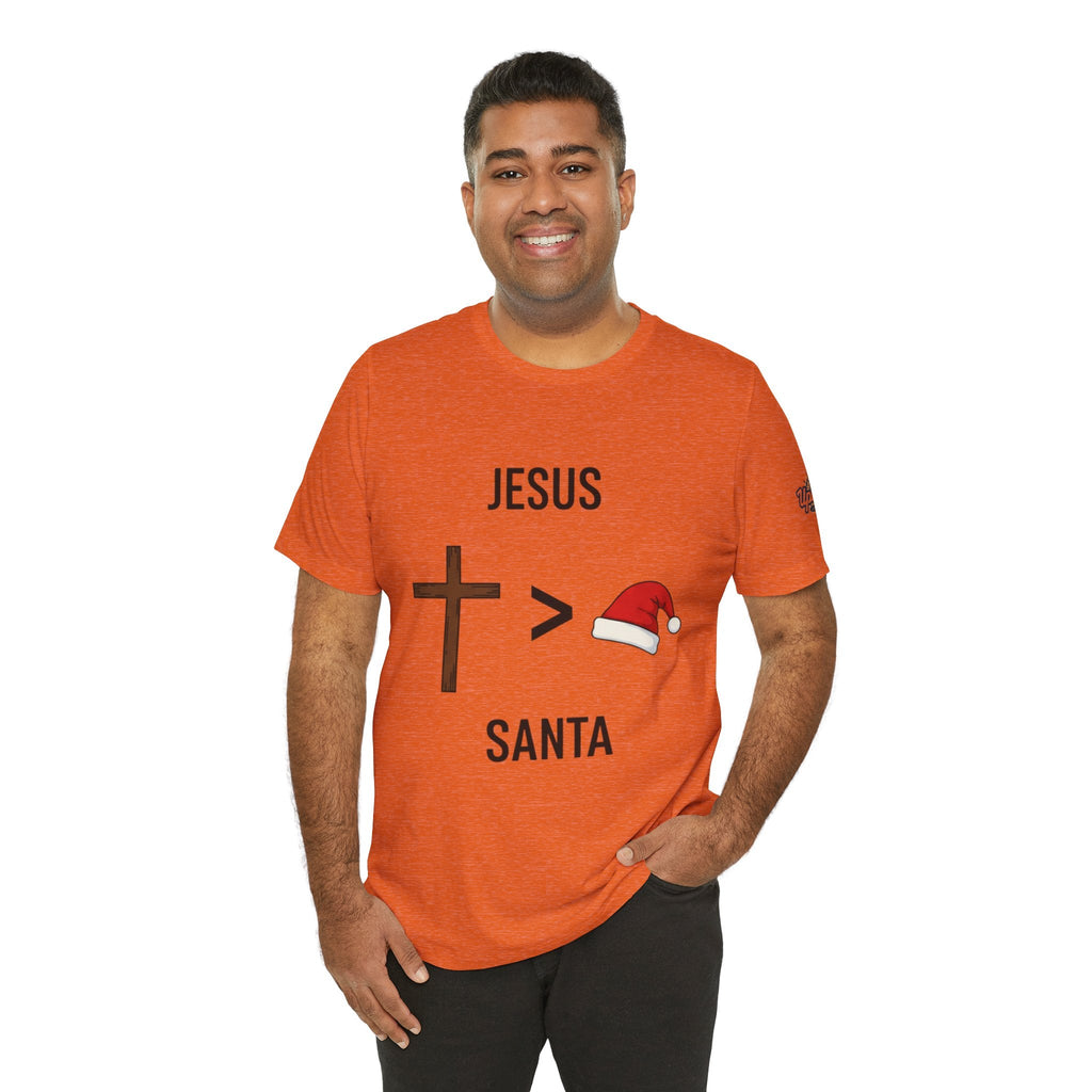 🎄 Jesus > Santa – Minimalist Christian Christmas T-Shirt | Bold Faith Over Holiday Tee | Cross vs Santa Hat Design | Uplifted Gear Printify