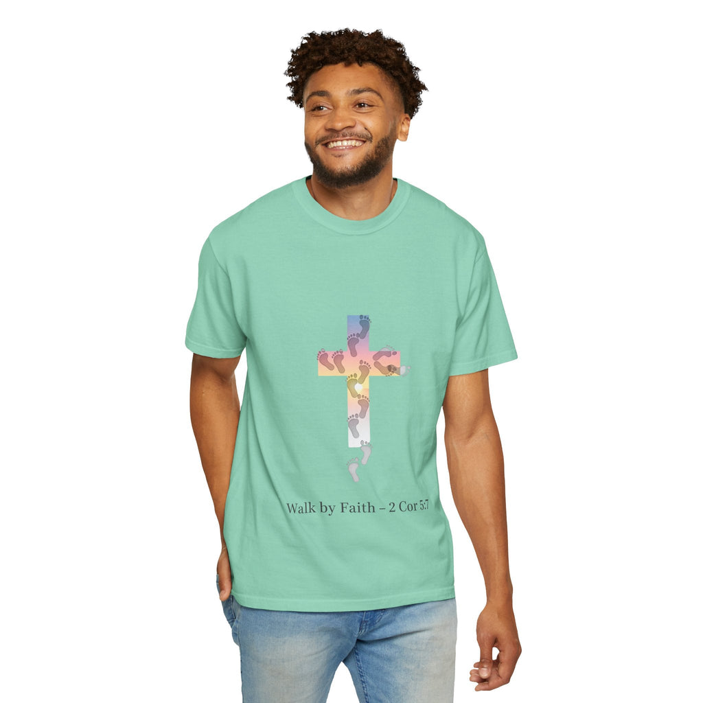 Walk by Faith T-Shirt – Cross & Footprints Christian Tee for Bold Believers Printify