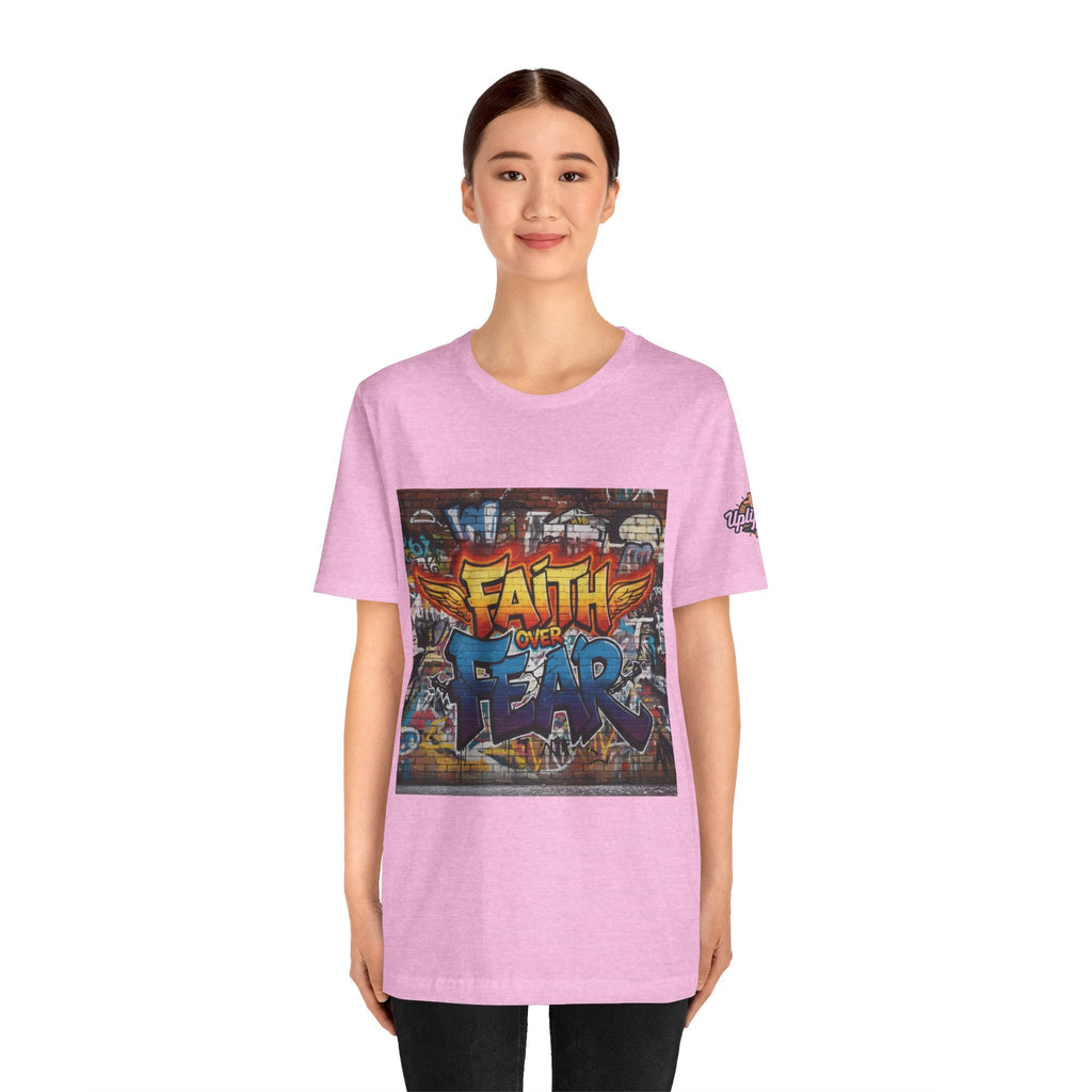 Faith Over Fear T-shirt – Graffiti Wall Christian T-shirt for Bold 2 Corinthians 5:7 Streetwear & Unshakable Faith Printify