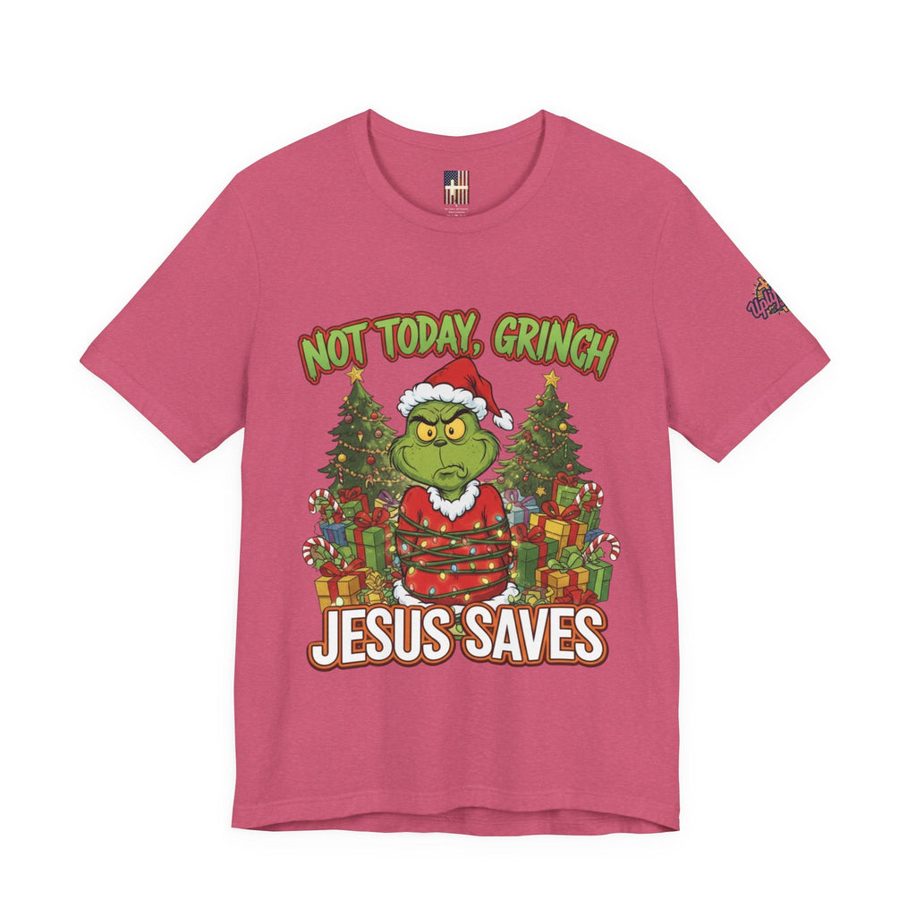 🎄 Not Today, Grinch – Jesus Saves | Funny Christian Christmas T-Shirt | Sulking Grinch & Glowing Cross | Bold Neon Faith Tee by Uplifted Gear Printify