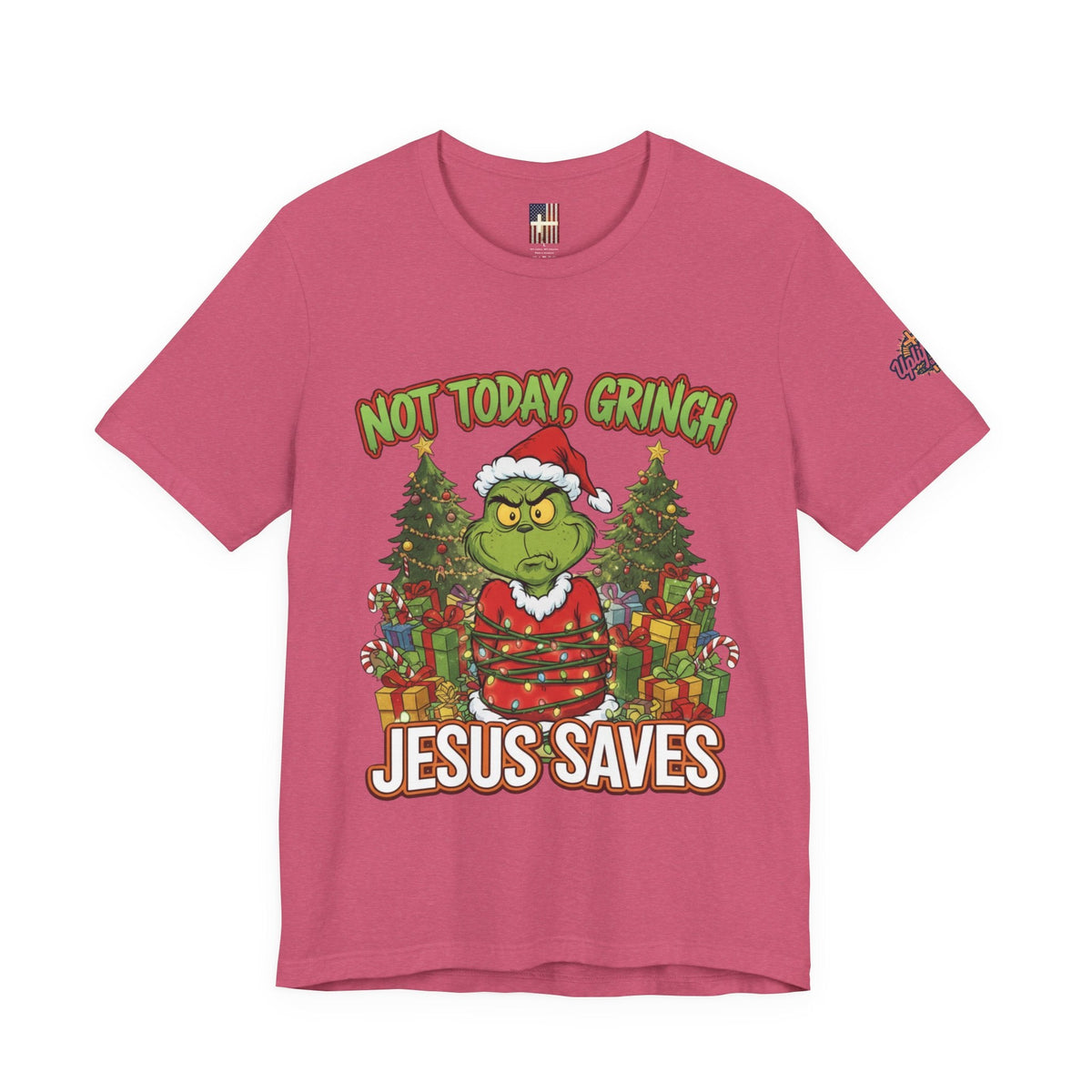 🎄 Not Today, Grinch – Jesus Saves | Funny Christian Christmas T-Shirt | Sulking Grinch & Glowing Cross | Bold Neon Faith Tee by Uplifted Gear Printify