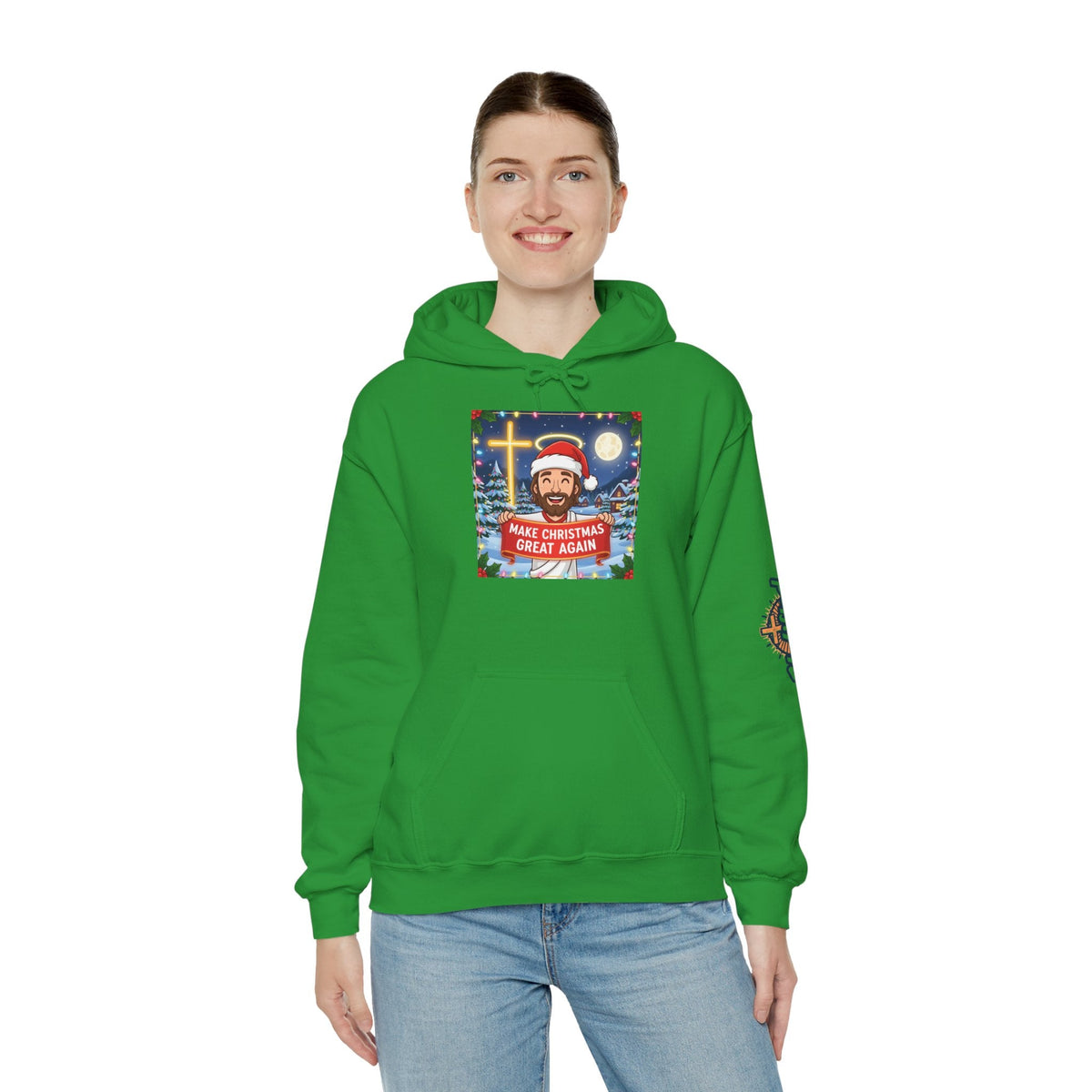 🎄 Make Christmas Great Again – Funny Christian Hoodie | Jesus Holding Banner | Faith-Based Holiday Parody Tee | Uplifted Gear Printify