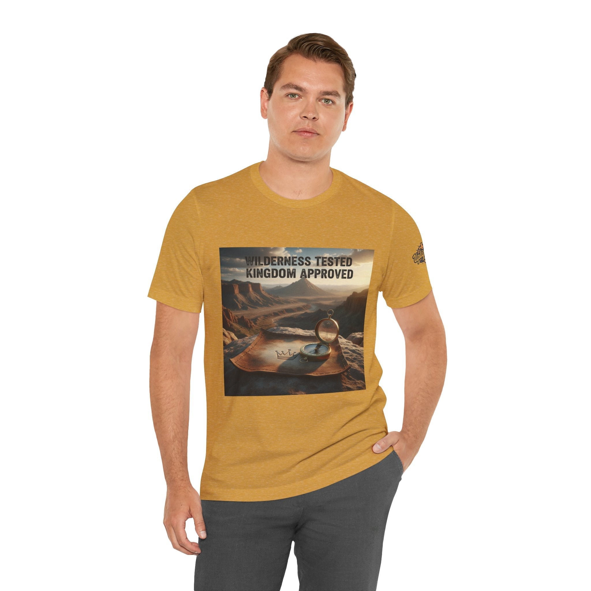 Wilderness Tested Kingdom Approved T-shirt – Mountain Desert Compass Crown Christian T-shirt for Biblical Adventure Faith Printify