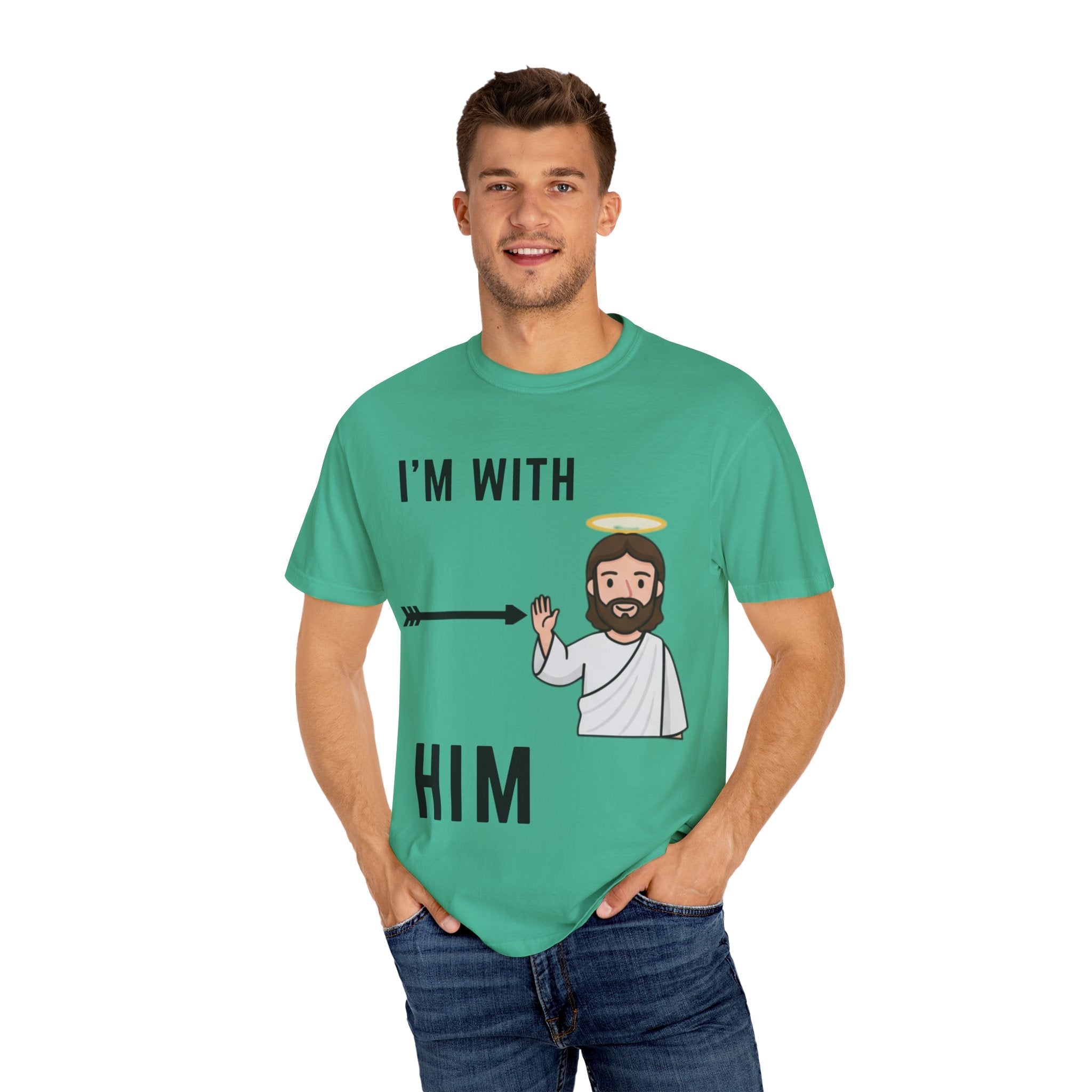 🔥 I’m With Him → Christian T-Shirt | Arrow Pointing to Jesus | Minimalist Faith Tee | Subtle Cross Design | Bible-Inspired Apparel by Uplifted Gear Printify