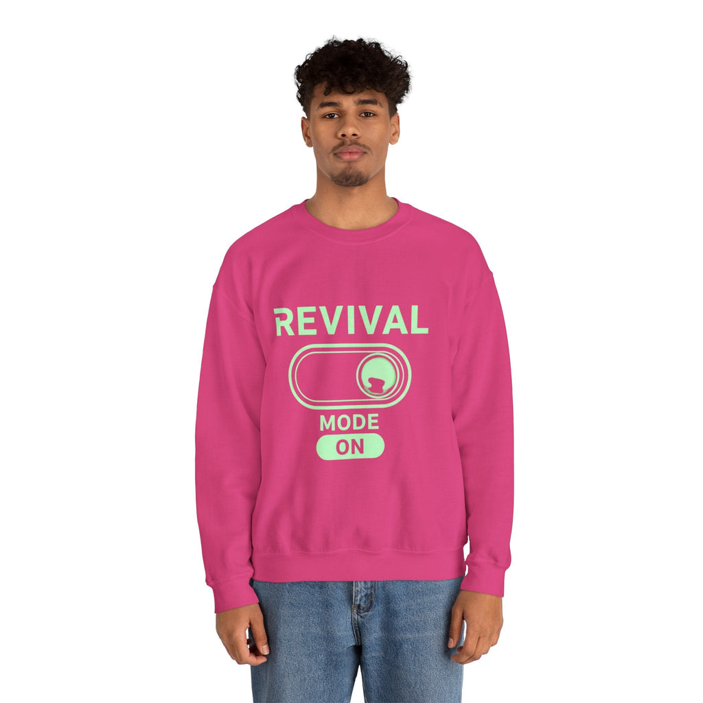 🔥 Revival Mode: ON – Christian Techwear Sweatshirt | Glowing Green Faith Switch | Futuristic Jesus Shirt | Activate Your Spiritual Awakening | Uplifted Gear Printify