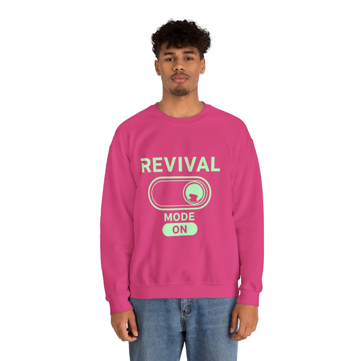 🔥 Revival Mode: ON – Christian Techwear Sweatshirt | Glowing Green Faith Switch | Futuristic Jesus Shirt | Activate Your Spiritual Awakening | Uplifted Gear Printify