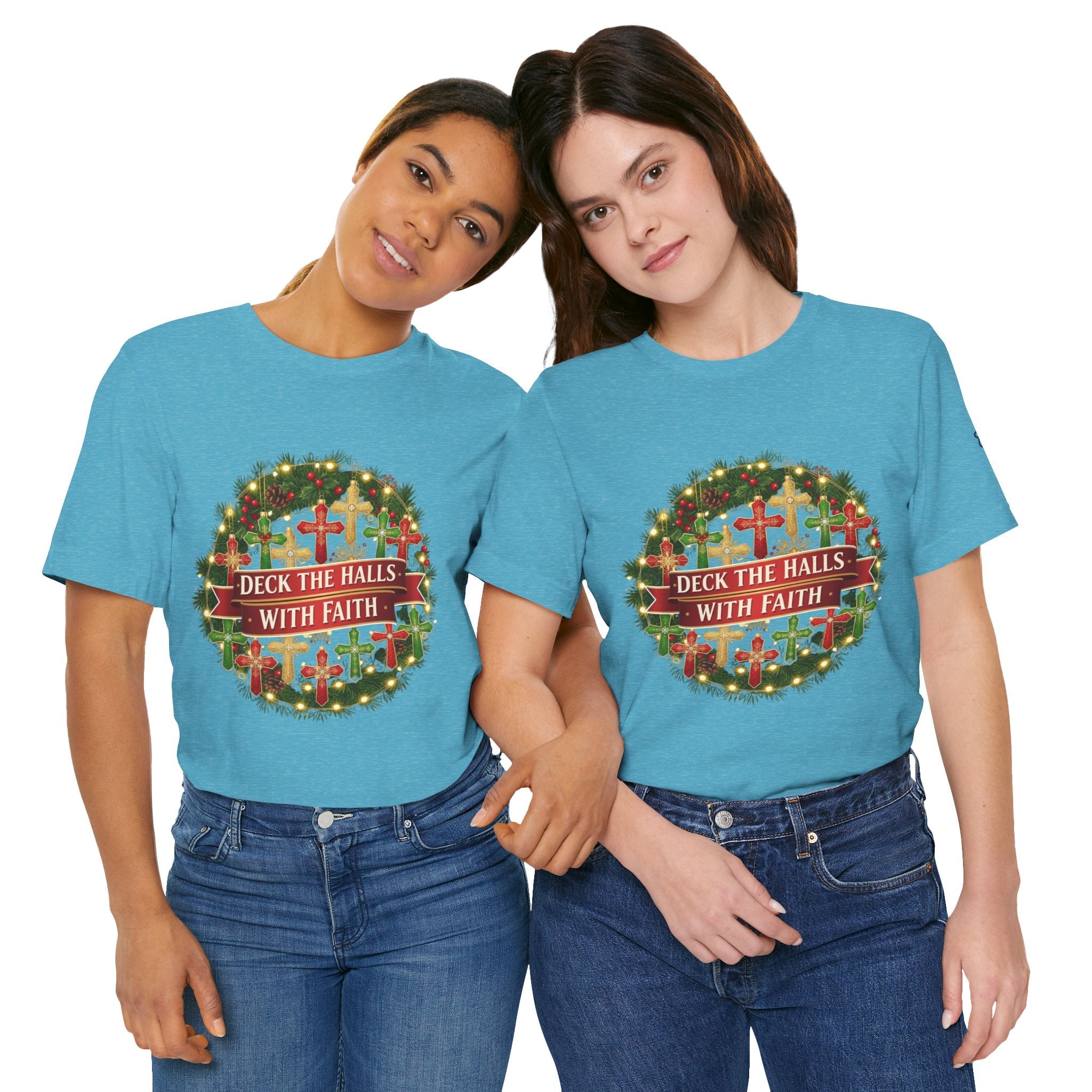 🎄 Deck the Halls with Faith – Christian Christmas T-Shirt | Cross Ornament Design & Festive Garland | Bold Holiday Faith Tee by Uplifted Gear Printify