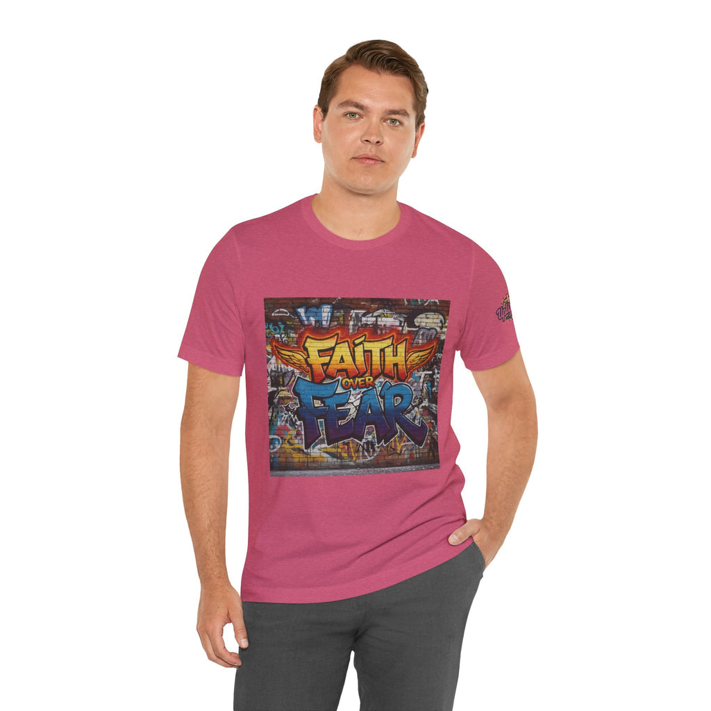 Faith Over Fear T-shirt – Graffiti Wall Christian T-shirt for Bold 2 Corinthians 5:7 Streetwear & Unshakable Faith Printify