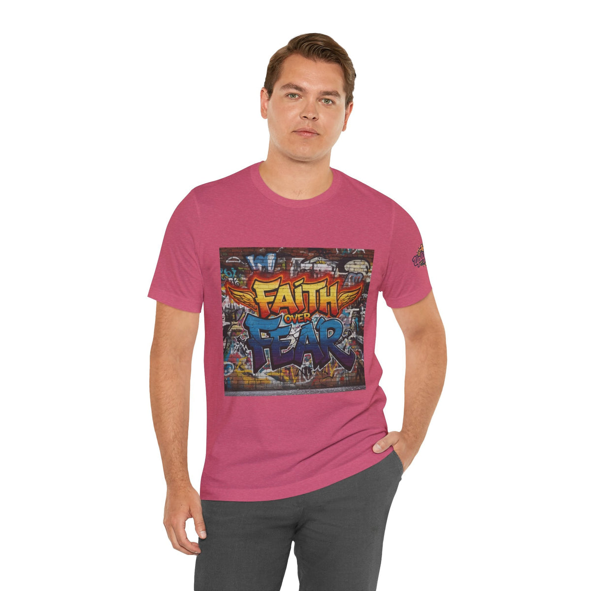 Faith Over Fear T-shirt – Graffiti Wall Christian T-shirt for Bold 2 Corinthians 5:7 Streetwear & Unshakable Faith Printify