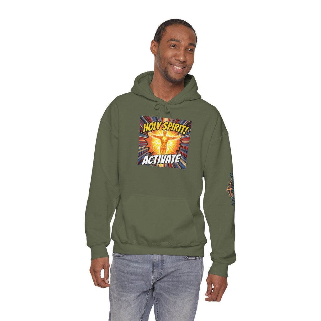 Holy Spirit Activate Hoodie – Superhero Christian Sweatshirt with Vibrant Power-Up Design for Faith-Fueled Boldness Printify
