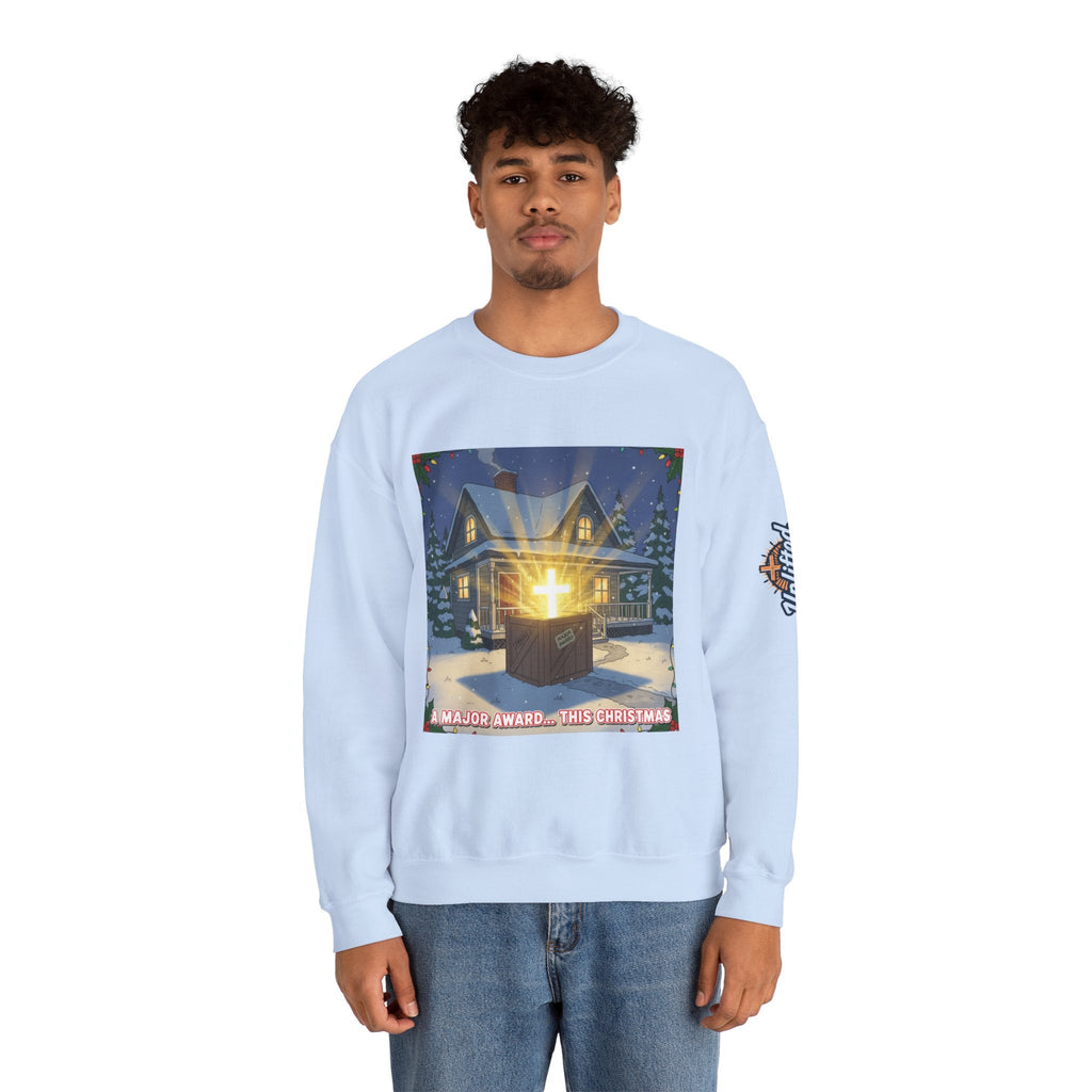 A Major Award This Christmas Sweatshirt – Fragile Leg Lamp Parody Cross Unboxing Christian Sweatshirt for Hilarious Faith & Holiday Glow Printify