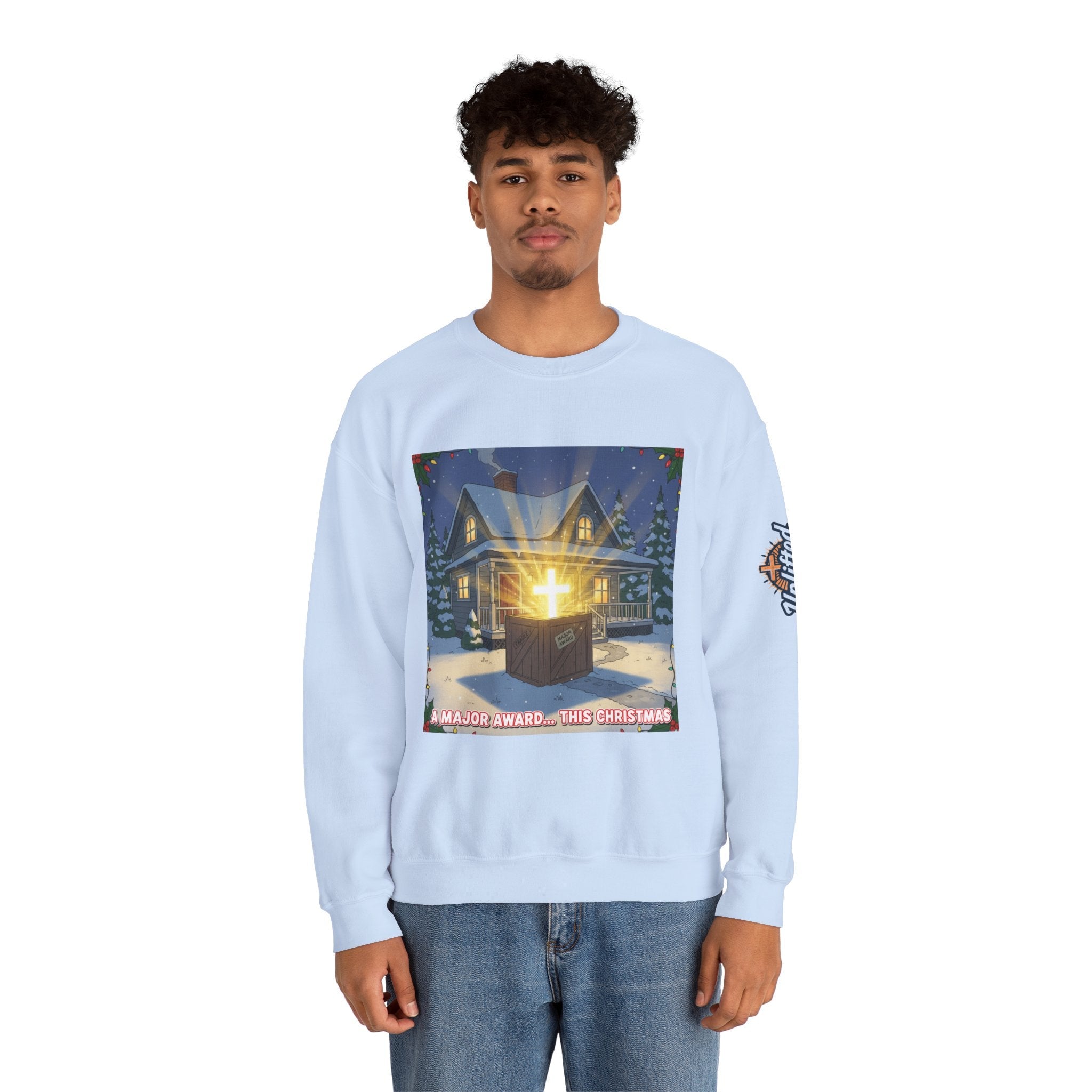 A Major Award This Christmas Sweatshirt – Fragile Leg Lamp Parody Cross Unboxing Christian Sweatshirt for Hilarious Faith & Holiday Glow Printify