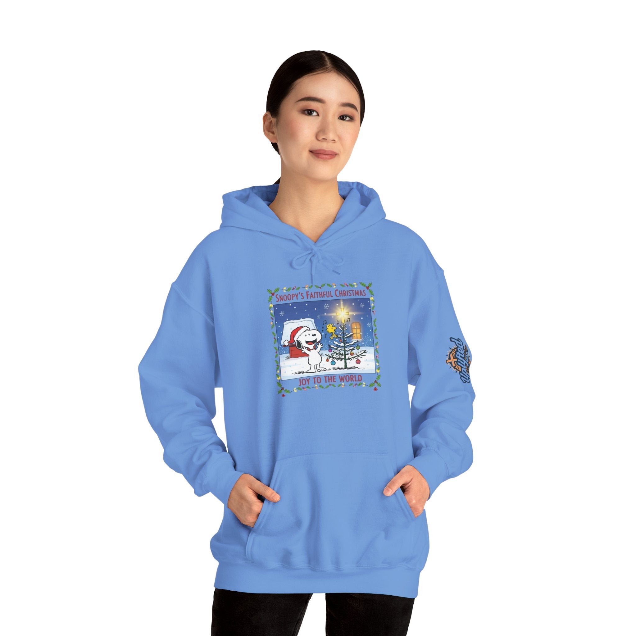 🎄 Faithful Christmas Friends – Christian Holiday Hoodie | Festive Tree & Cartoon Duo | Heartwarming Christmas Tee by Uplifted Gear Printify