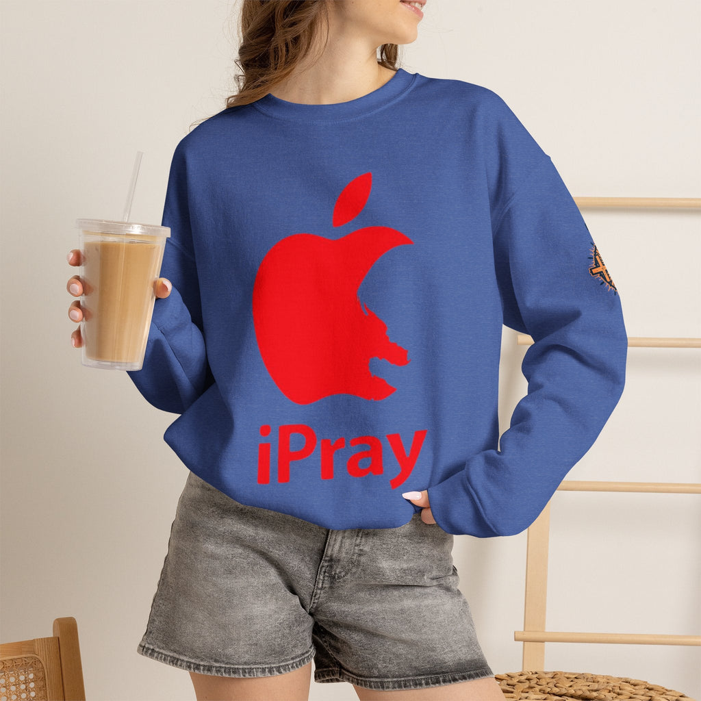 iPray Apple Logo Sweatshirt — Funny Christian Sweatshirt (Minimal Red Apple Graphic) Printify