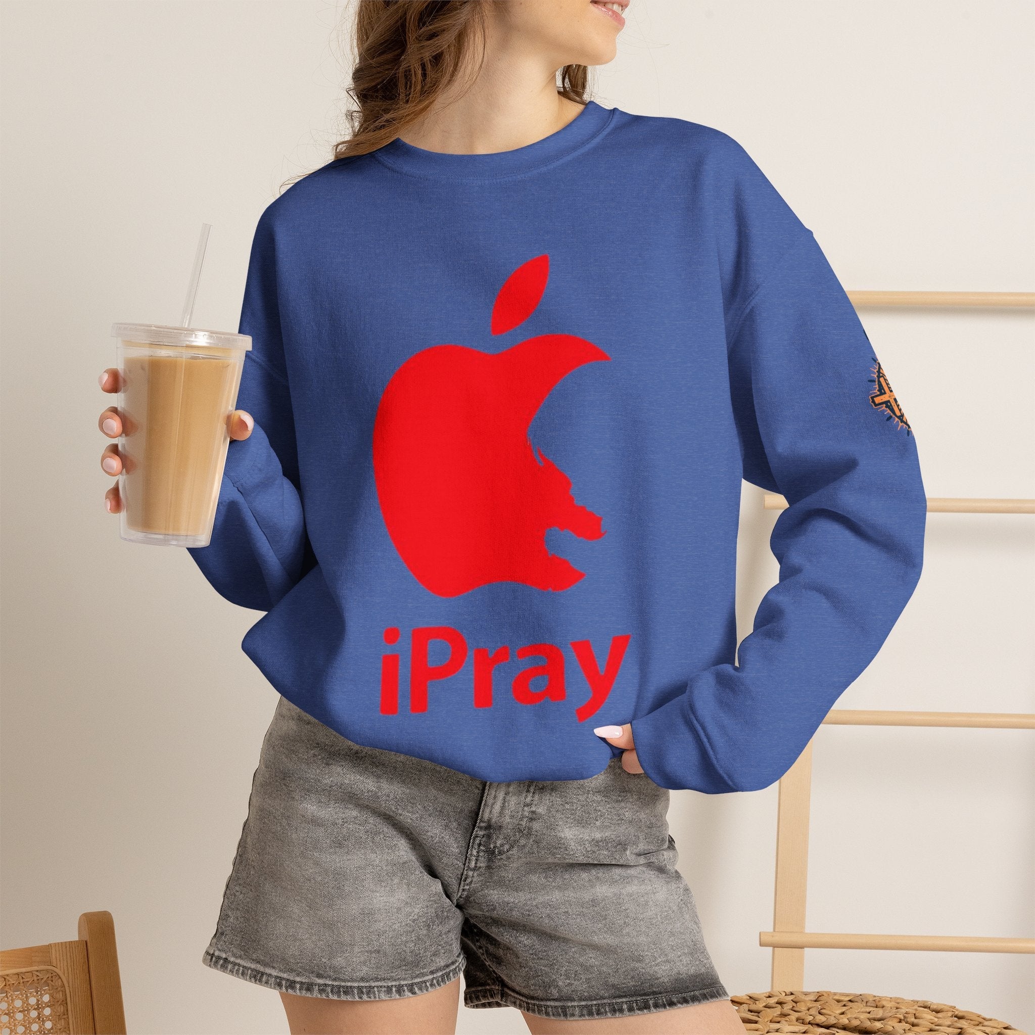 iPray Apple Logo Sweatshirt — Funny Christian Sweatshirt (Minimal Red Apple Graphic) Printify
