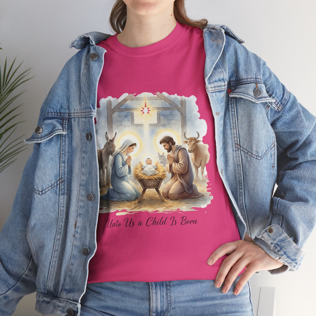 Unto Us a Child is Born T-shirt – Isaiah 9:6 Nativity Manger Scene Christian Christmas T-shirt for Holy Night Faith Printify