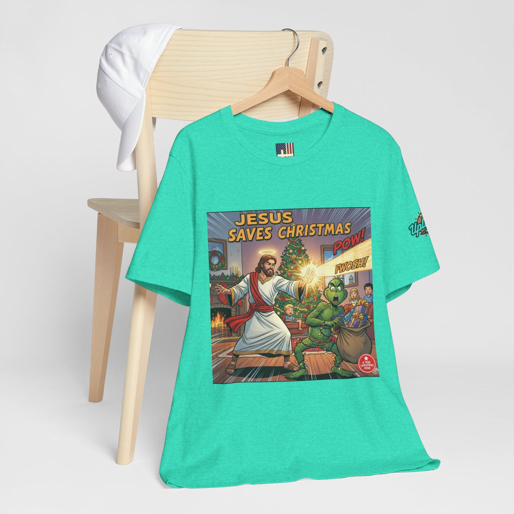 Jesus Saves Christmas T-shirt – Grinch vs Savior Light Battle Christian T-shirt for Hilarious Holiday Faith & True Joy Printify