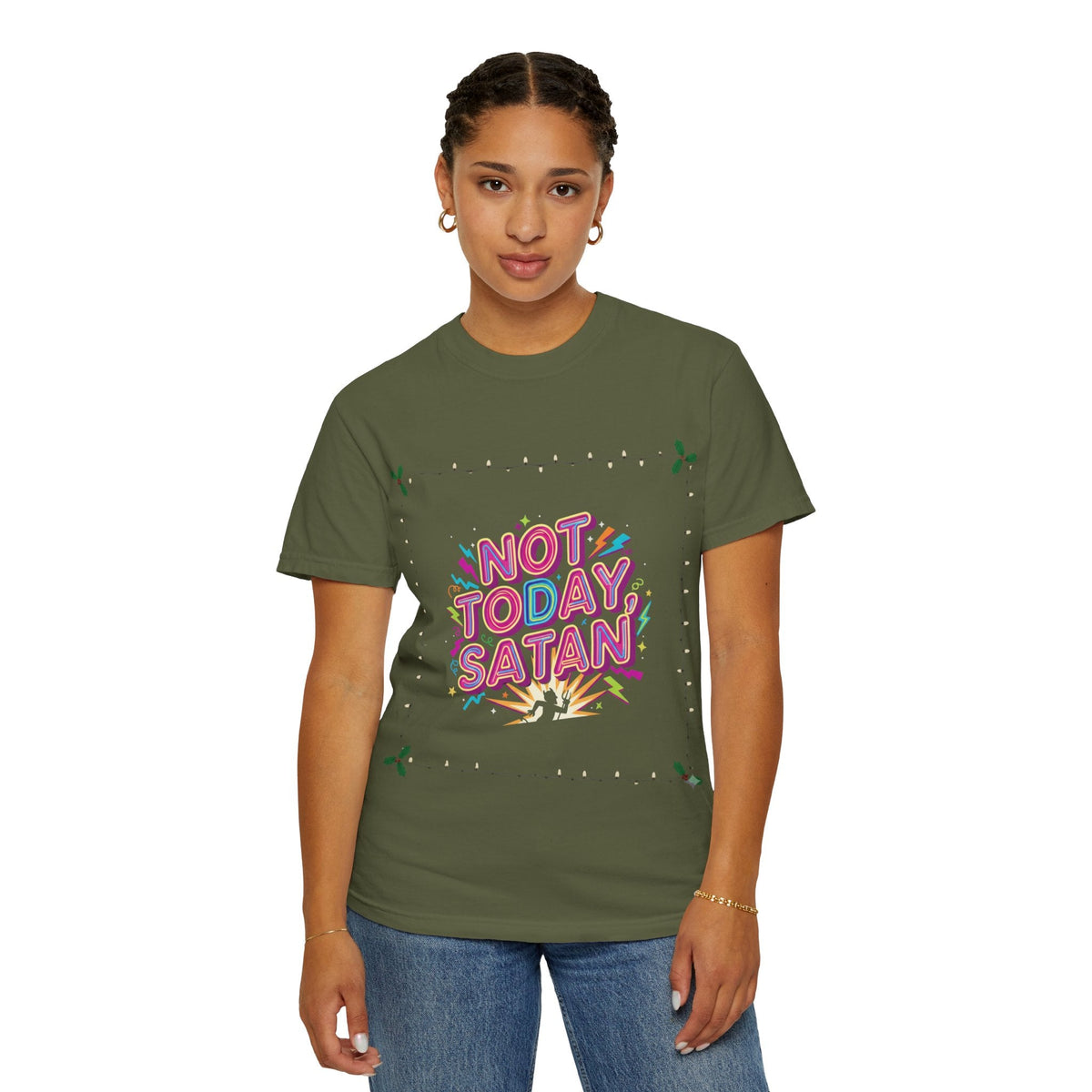 🔥 Not Today, Satan – Retro 90s Christian T-Shirt | Neon Faith Tee | Funky Cartoon Devil | Bold Bible Verse Shirt | Uplifted Gear Printify