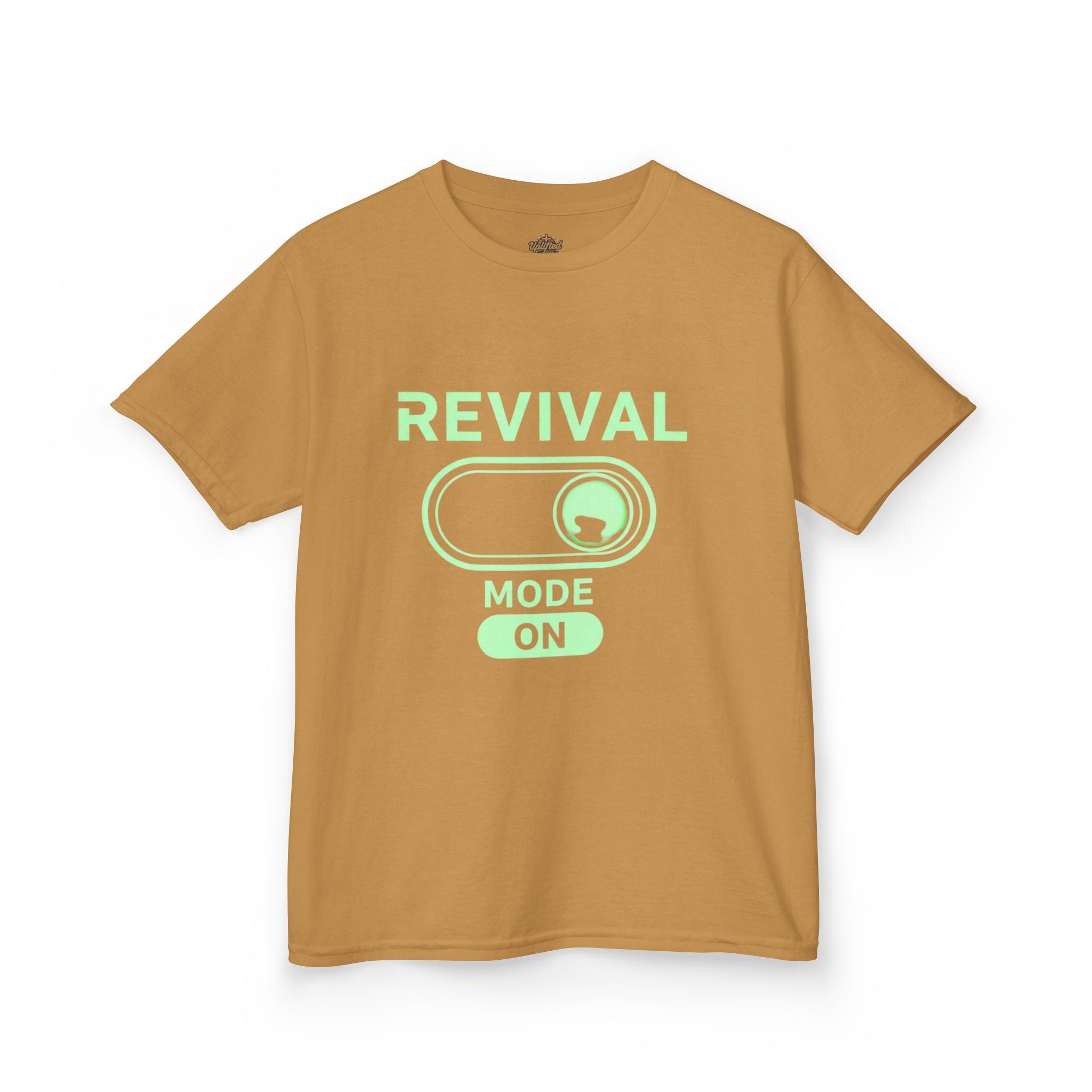 🔥 Revival Mode: ON – Christian Techwear Kids T-Shirt | Glowing Green Faith Switch | Futuristic Jesus Shirt | Activate Your Spiritual Awakening | Uplifted Gear Printify