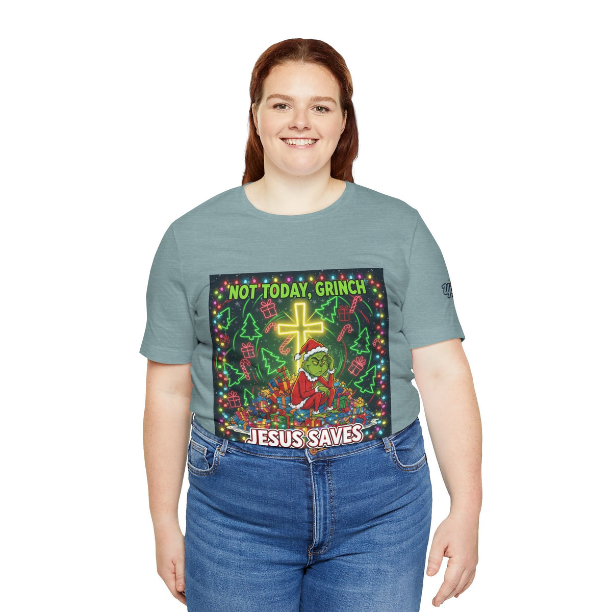 🎄 Not Today, Grinch – Jesus Saves | Funny Christian Christmas T-Shirt | Festive Green & Red Cartoon Style | Bold Faith Holiday Tee by Uplifted Gear Printify