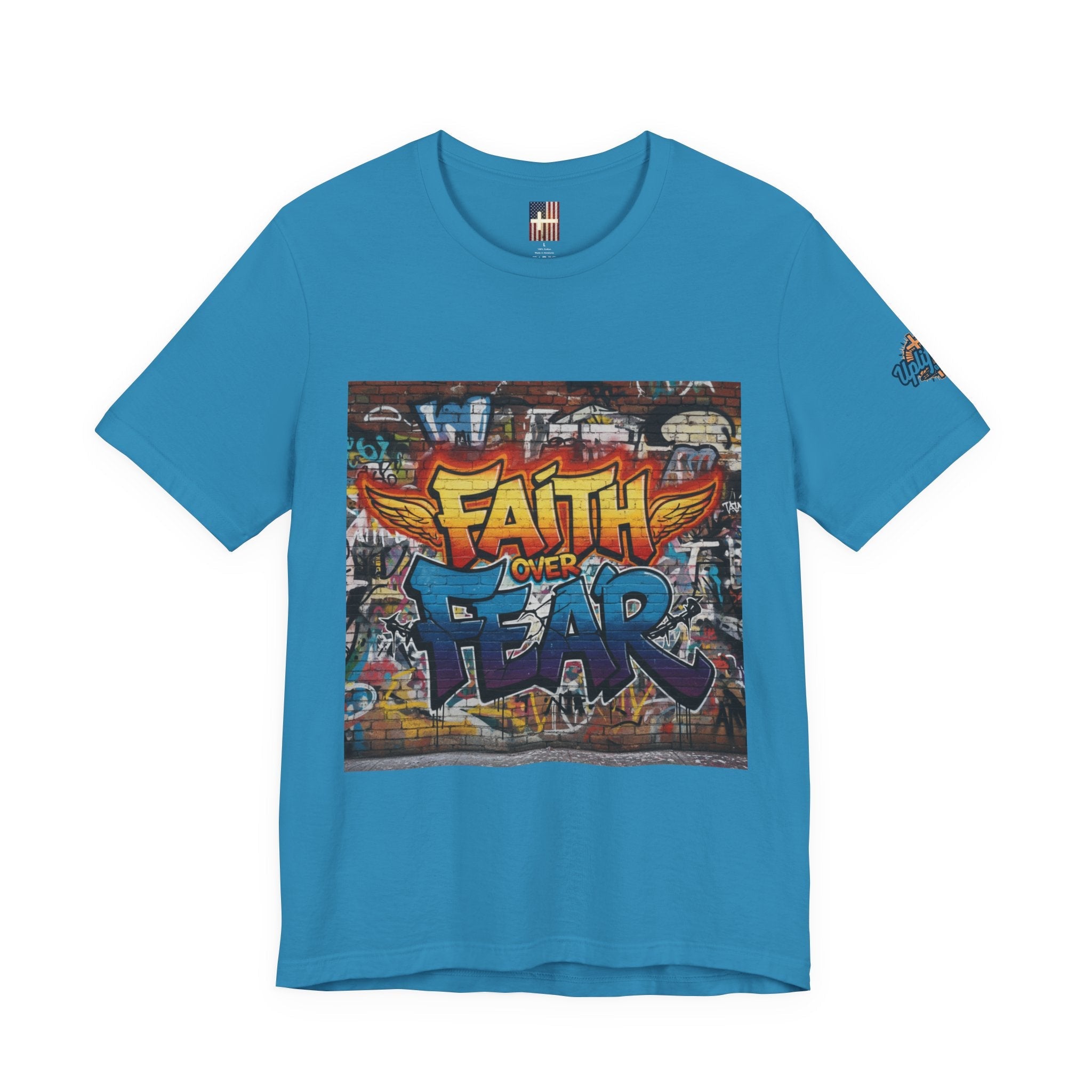 Faith Over Fear T-shirt – Graffiti Wall Christian T-shirt for Bold 2 Corinthians 5:7 Streetwear & Unshakable Faith Printify