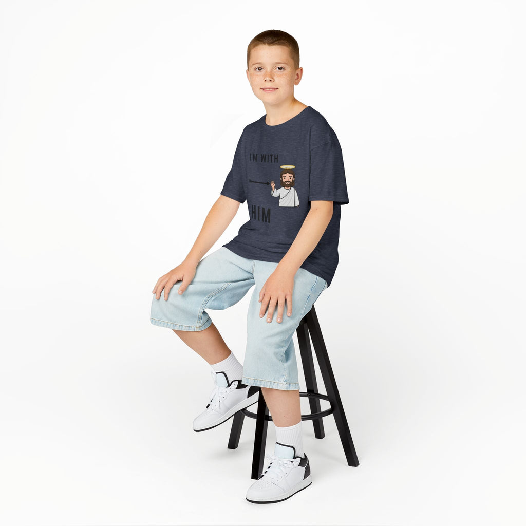 🔥 I’m With Him → Christian Kids T-Shirt | Arrow Pointing to Jesus | Minimalist Faith Tee | Subtle Cross Design | Bible-Inspired Apparel by Uplifted Gear Printify