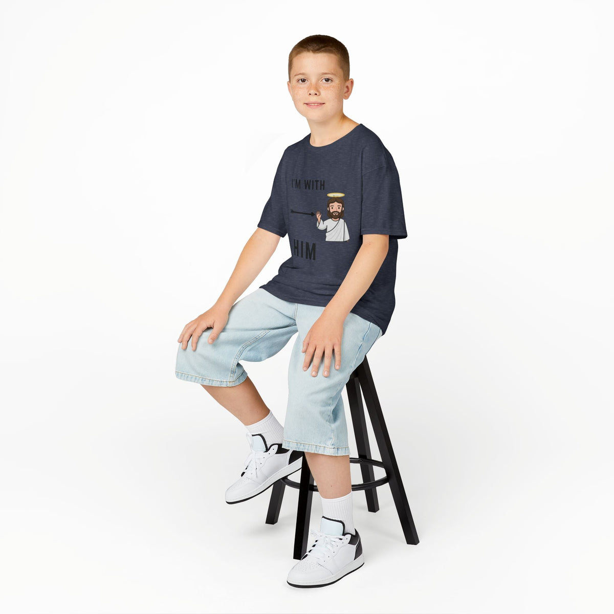 🔥 I’m With Him → Christian Kids T-Shirt | Arrow Pointing to Jesus | Minimalist Faith Tee | Subtle Cross Design | Bible-Inspired Apparel by Uplifted Gear Printify