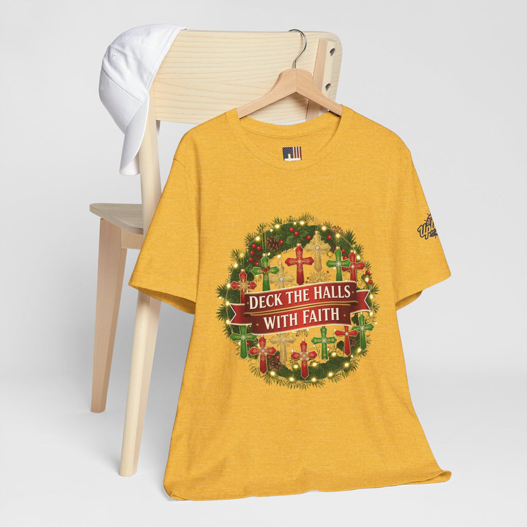🎄 Deck the Halls with Faith – Christian Christmas T-Shirt | Cross Ornament Design & Festive Garland | Bold Holiday Faith Tee by Uplifted Gear Printify