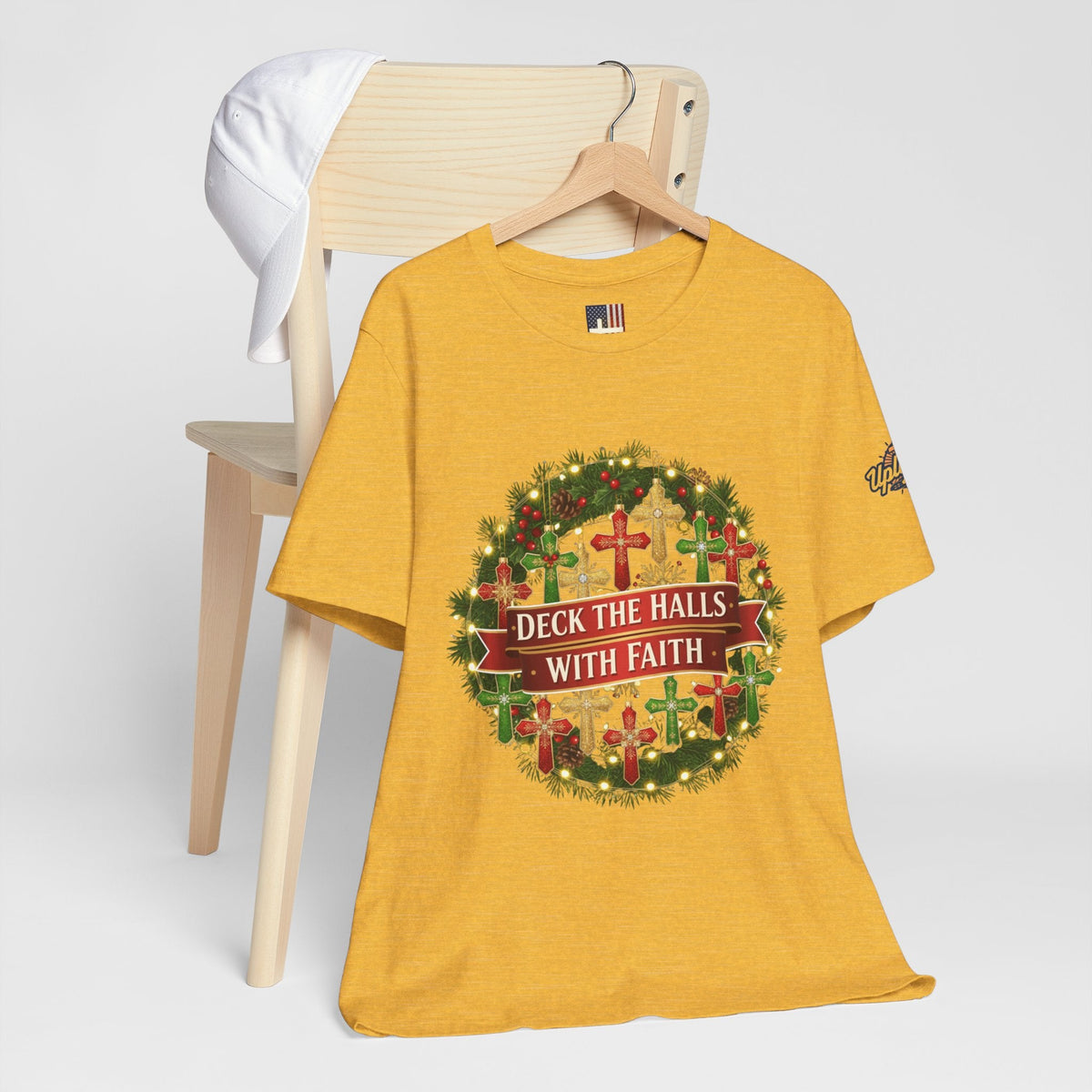 🎄 Deck the Halls with Faith – Christian Christmas T-Shirt | Cross Ornament Design & Festive Garland | Bold Holiday Faith Tee by Uplifted Gear Printify
