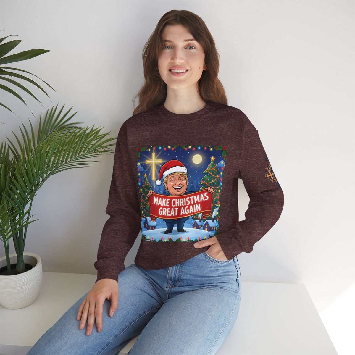 🎄 Make Christmas Great Again – Patriotic Christian Christmas Sweatshirt | Bold Holiday Faith Tee | Red & White Banner Design | Uplifted Gear Printify