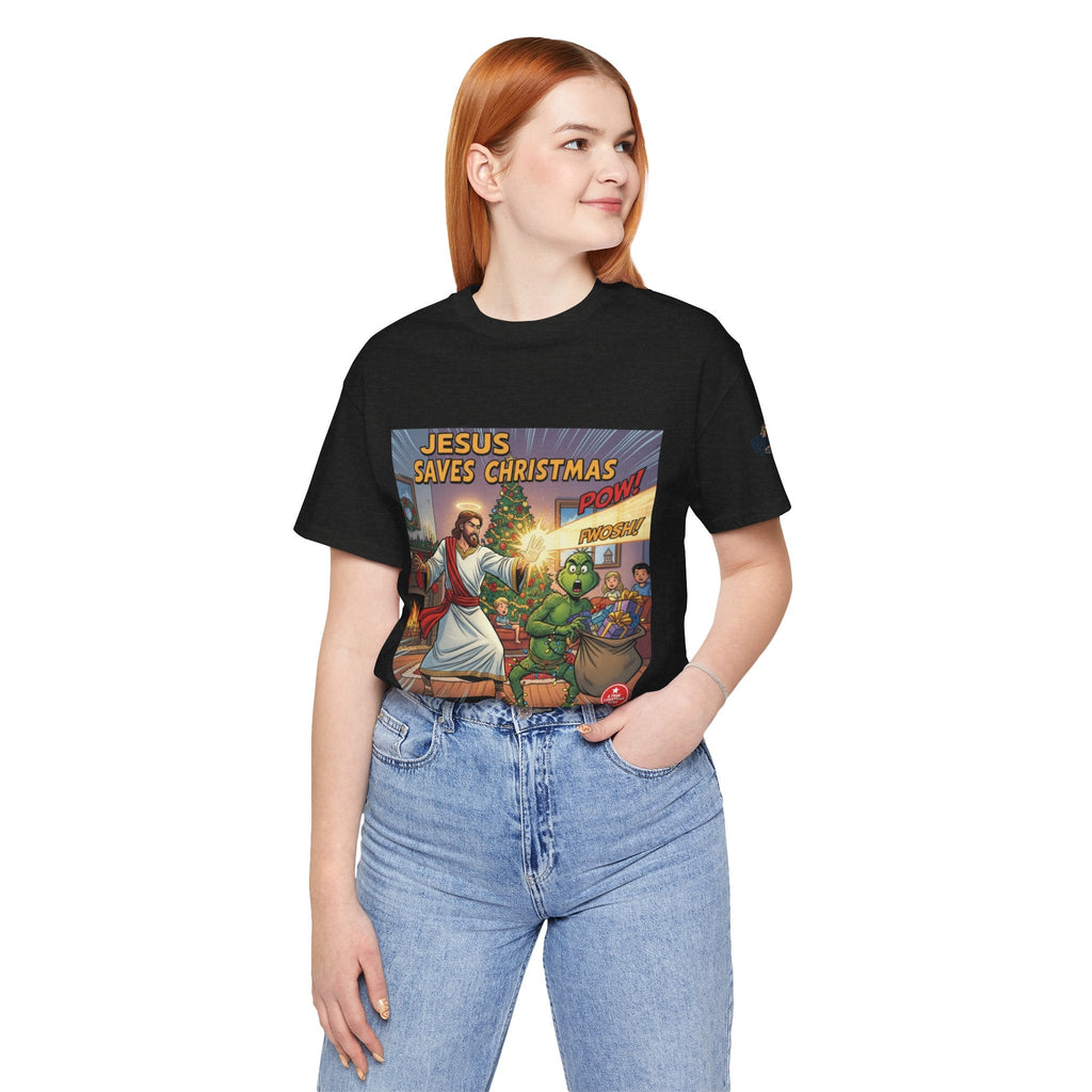 Jesus Saves Christmas T-shirt – Grinch vs Savior Light Battle Christian T-shirt for Hilarious Holiday Faith & True Joy Printify