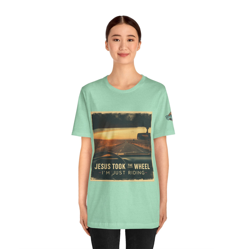 Jesus Took the Wheel I'm Just Riding T-shirt – Funny Christian Convertible Car T-shirt for Surrendered Faith & Humor Printify