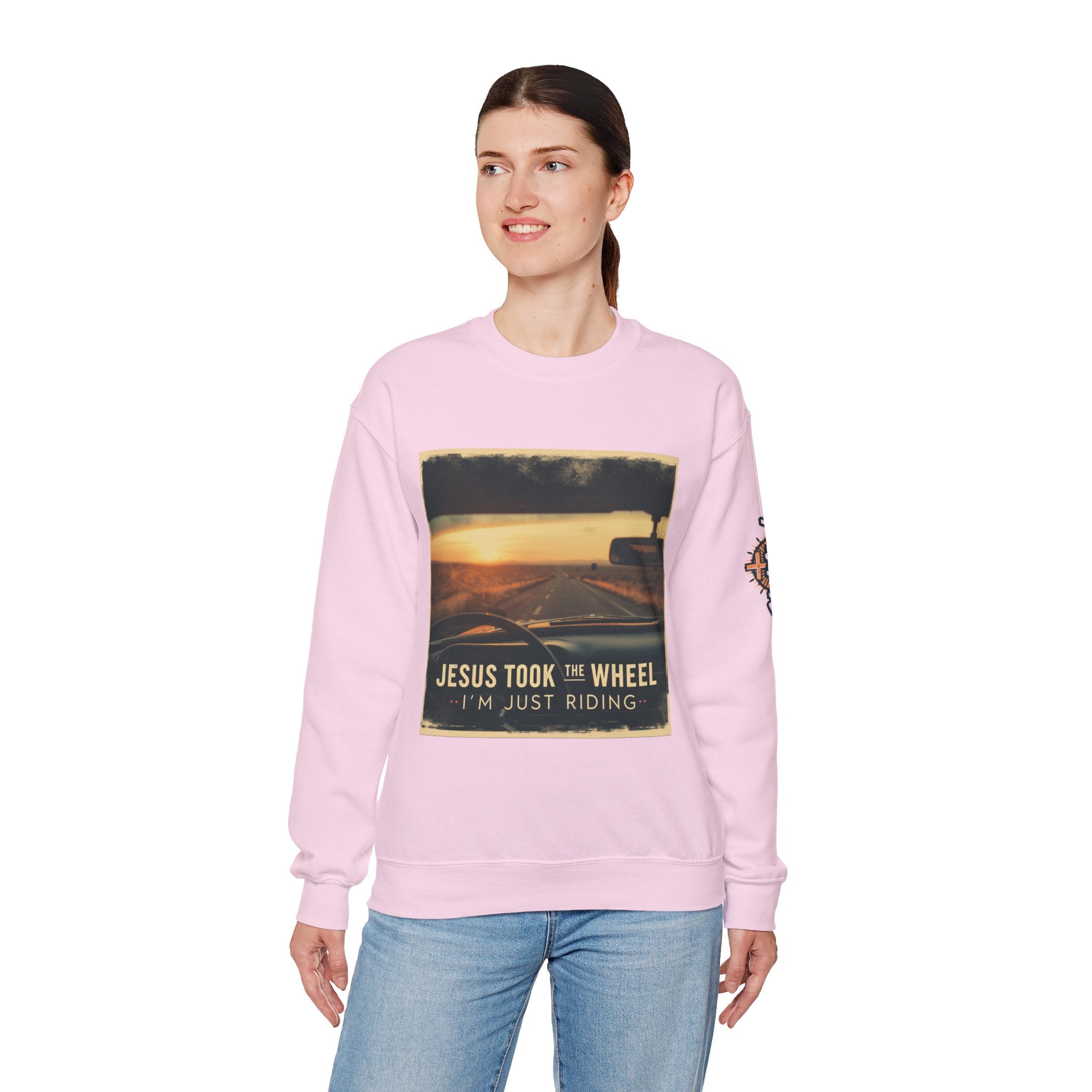 Jesus Took the Wheel I'm Just Riding Sweatshirt – Funny Christian Convertible Car Sweatshirt for Surrendered Faith & Humor