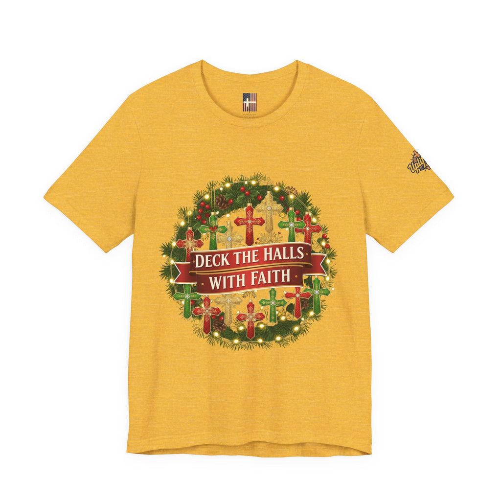 🎄 Deck the Halls with Faith – Christian Christmas T-Shirt | Cross Ornament Design & Festive Garland | Bold Holiday Faith Tee by Uplifted Gear Printify