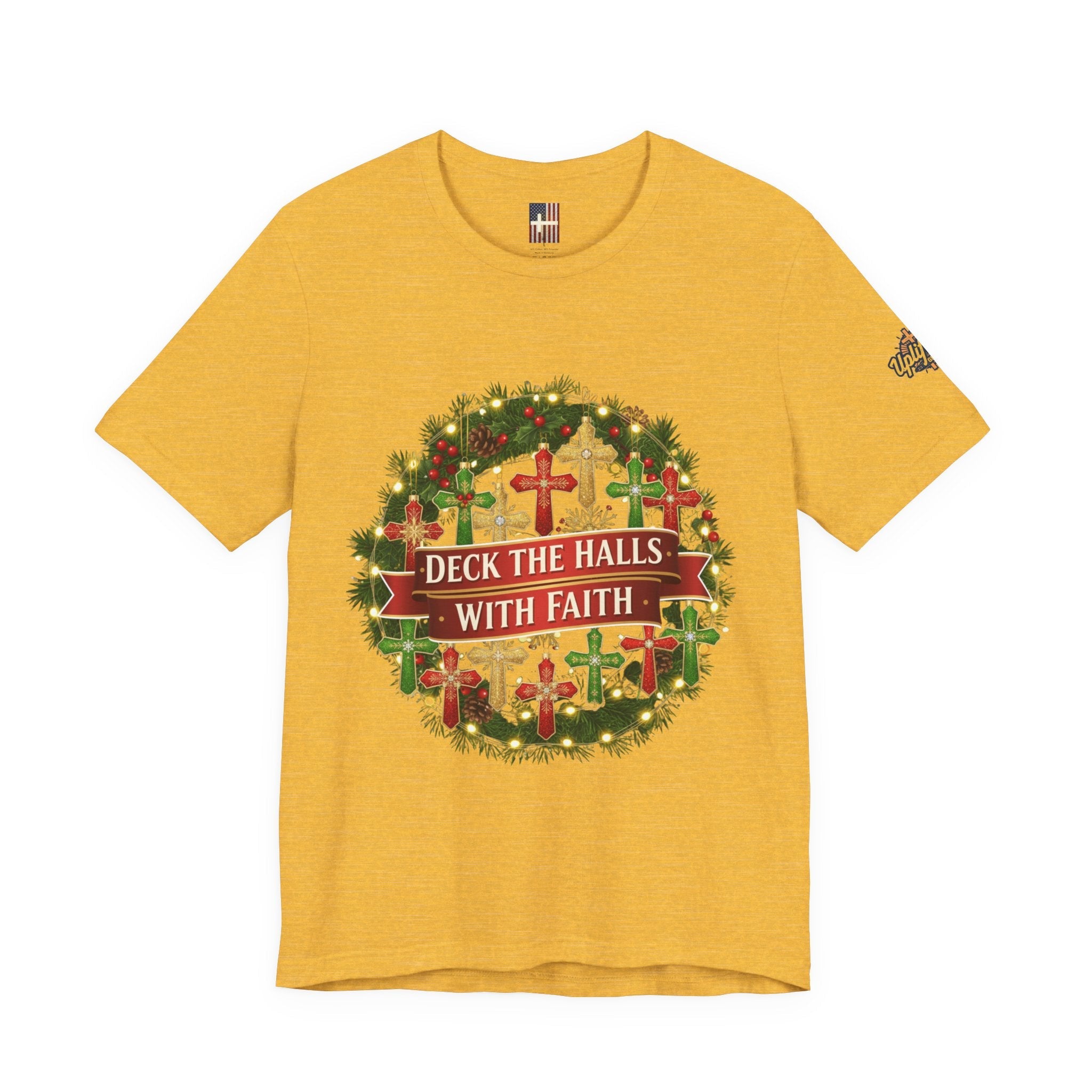 🎄 Deck the Halls with Faith – Christian Christmas T-Shirt | Cross Ornament Design & Festive Garland | Bold Holiday Faith Tee by Uplifted Gear Printify