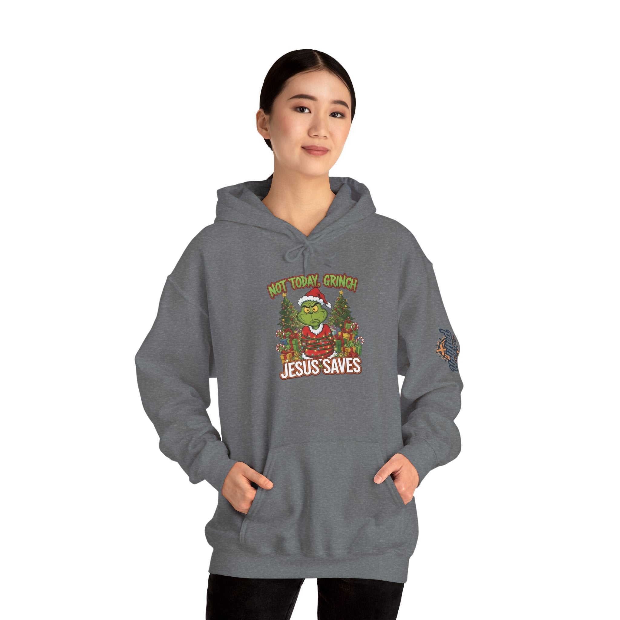 🎄 Not Today, Grinch – Jesus Saves | Funny Christian Christmas Hoodie | Sulking Grinch & Glowing Cross | Bold Neon Faith Tee by Uplifted Gear Printify